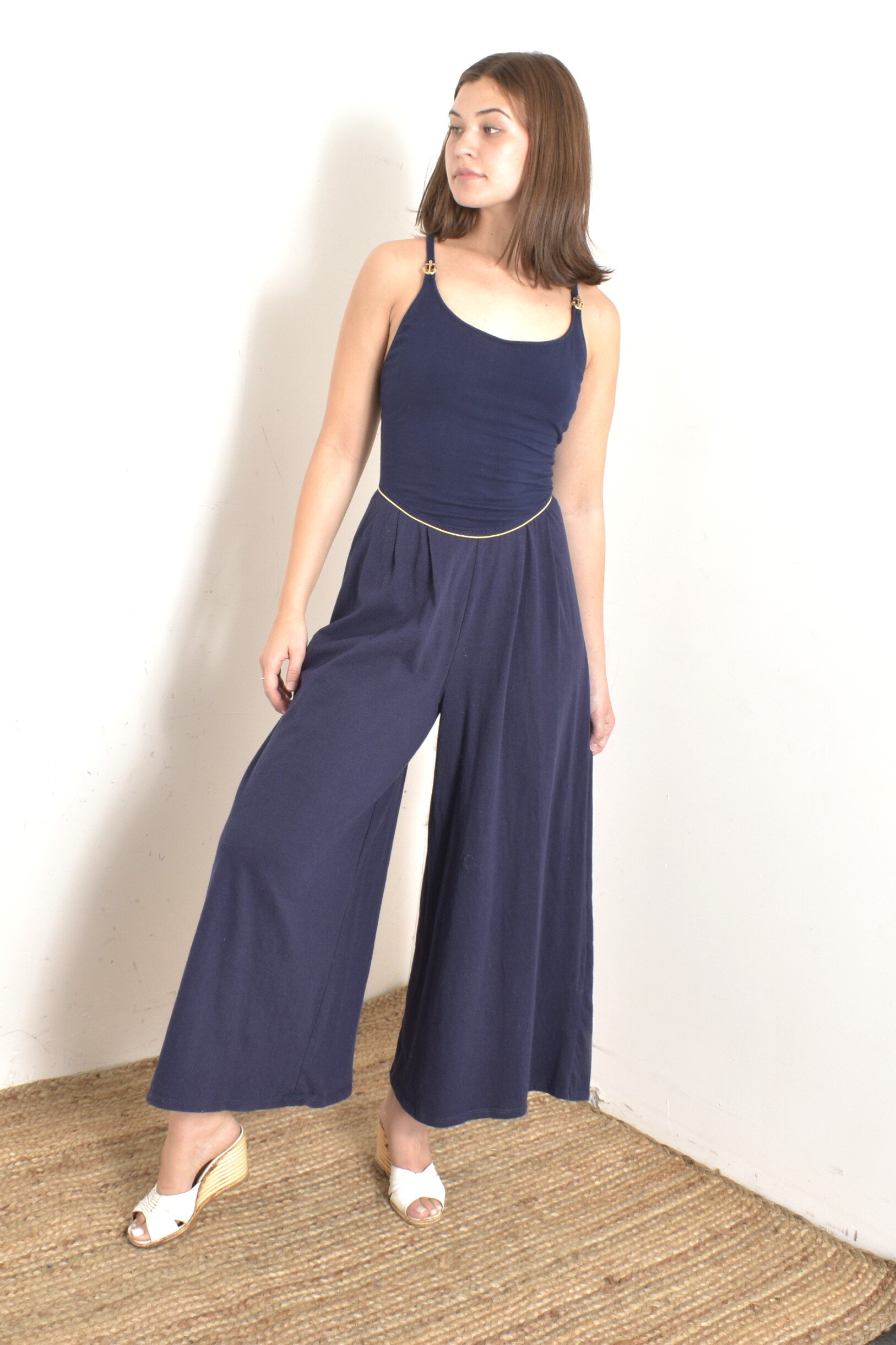 1980s stretchy navy blue nautical wide leg jumpsuit