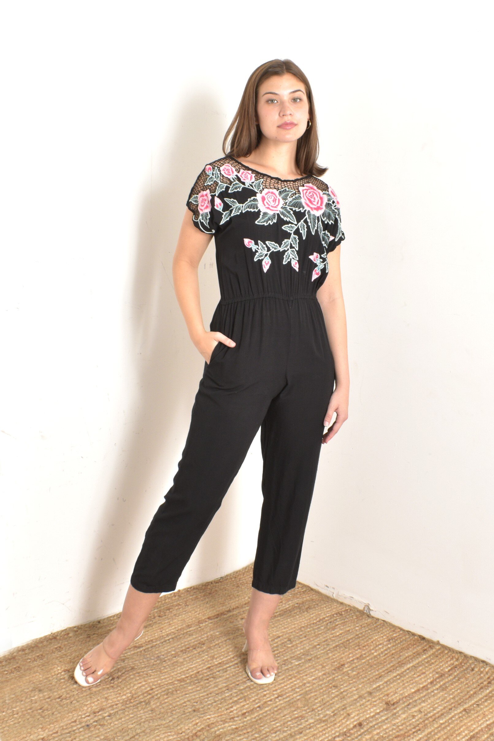 1980s bali lace black rayon cutout rose floral jumpsuit