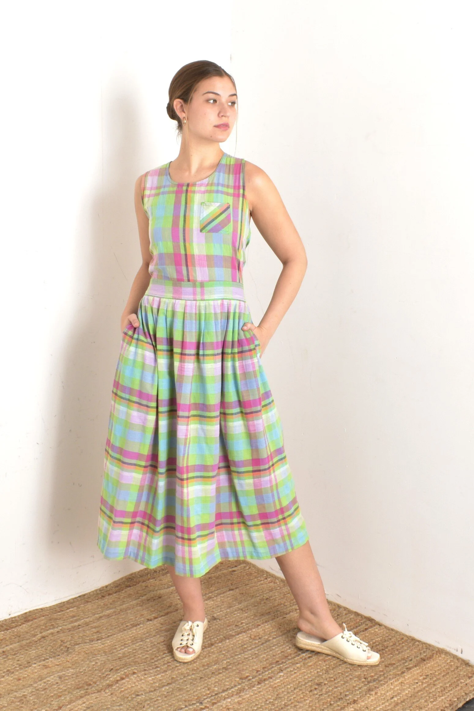 1980s Cross Back Plaid Cotton Dress-large  La Poubelle Vintage
