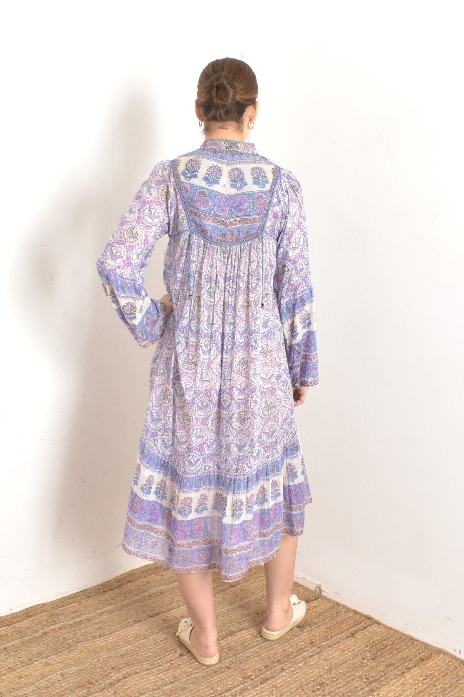 knee length dresses for ladies indian cotton blue- pink floral block printed women's maxi dress