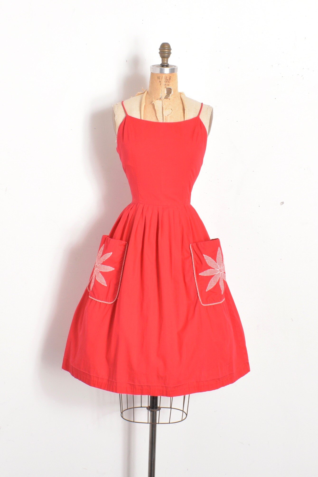 1950s red cotton fit and flare sundress with floral gingham pockets