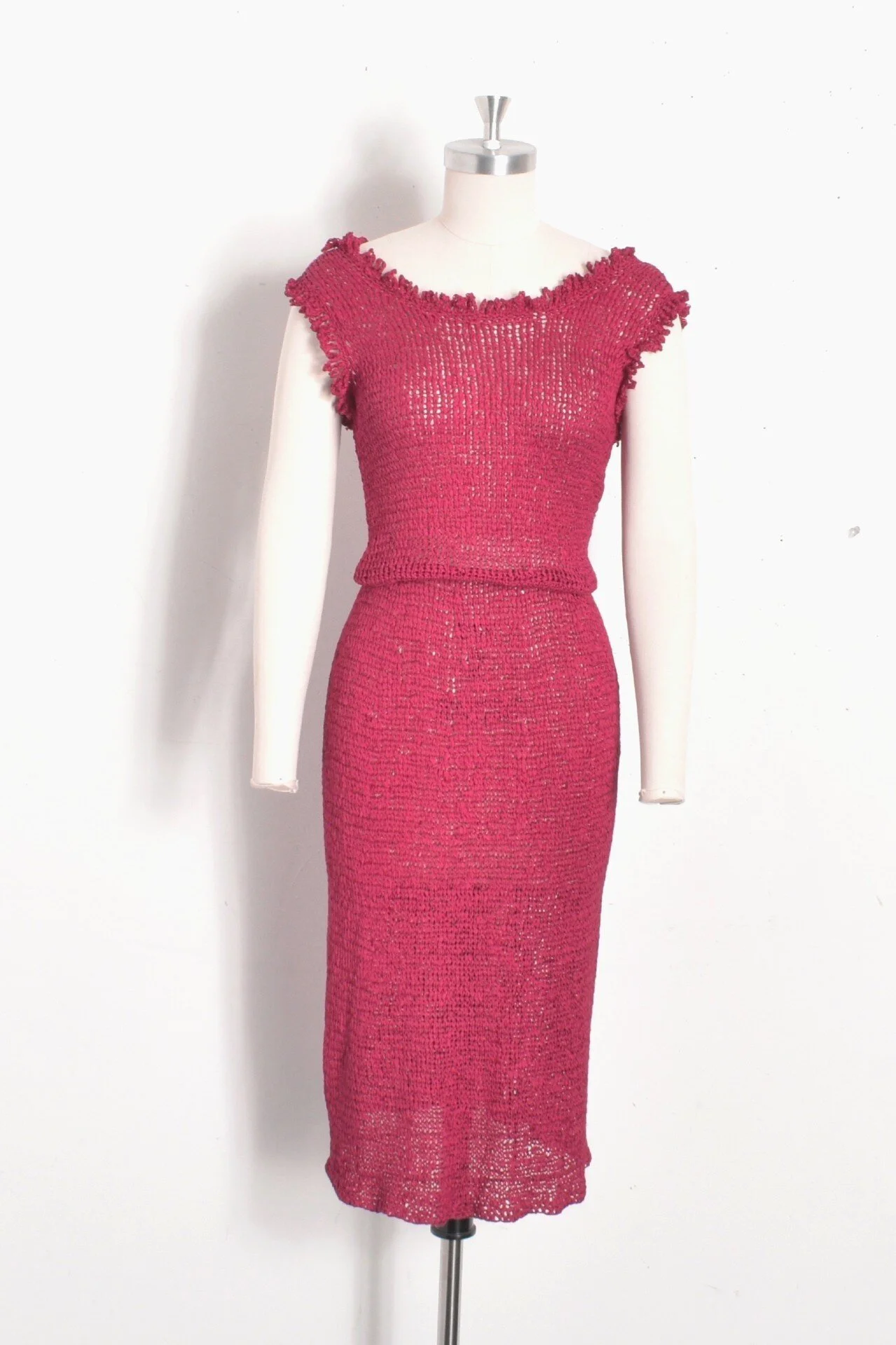 50s ribbon tie dip hem flare lace dress 1950s Magenta Fringed Ribbon Dress-XS/S/M — La Poubelle Vintage