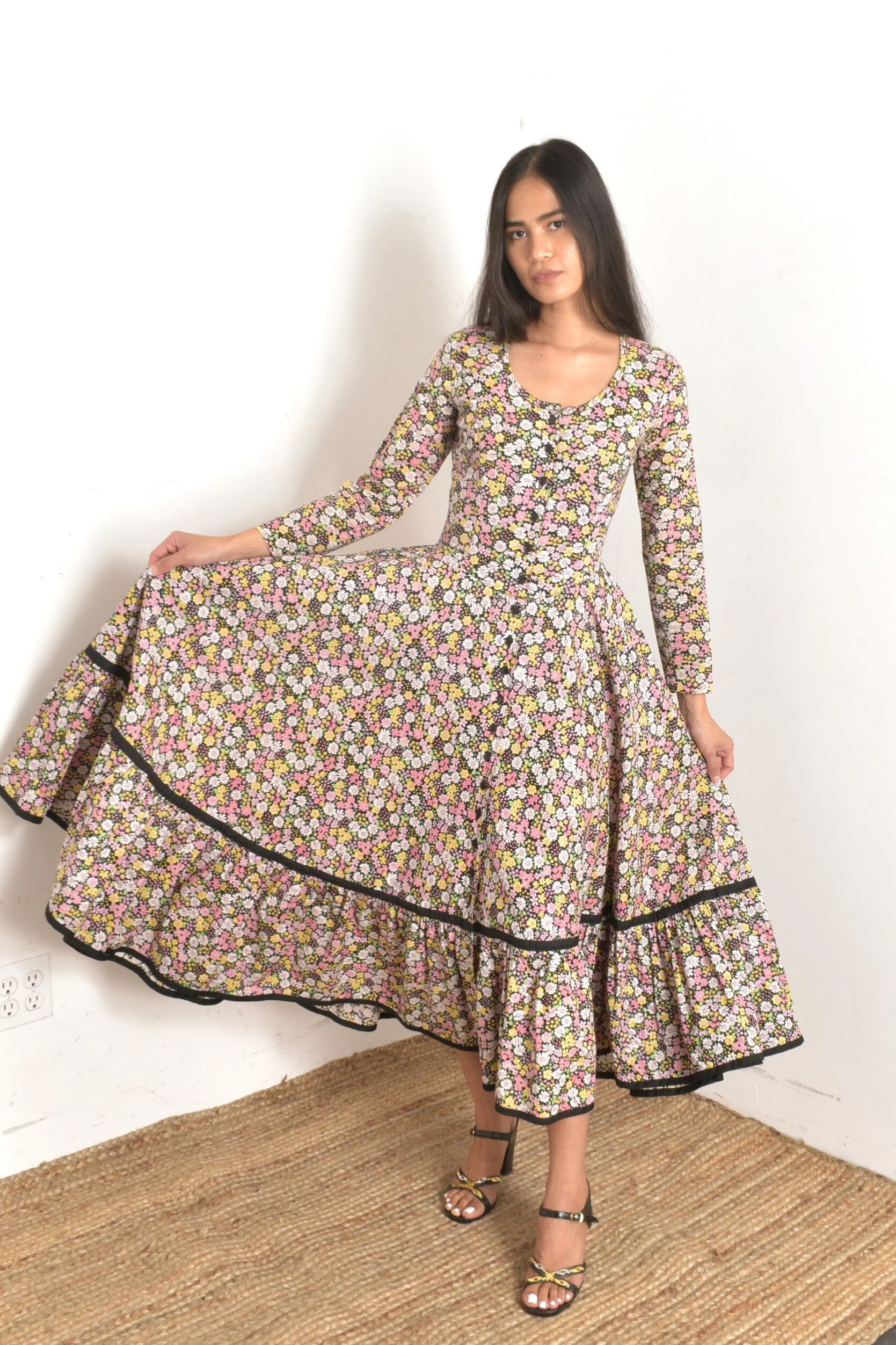 1970s Dark Floral Cotton Peasant Dress-small La Poubelle Vintage 1970s Dark Floral Cotton Peasant Dress-small La Poubelle Vintage