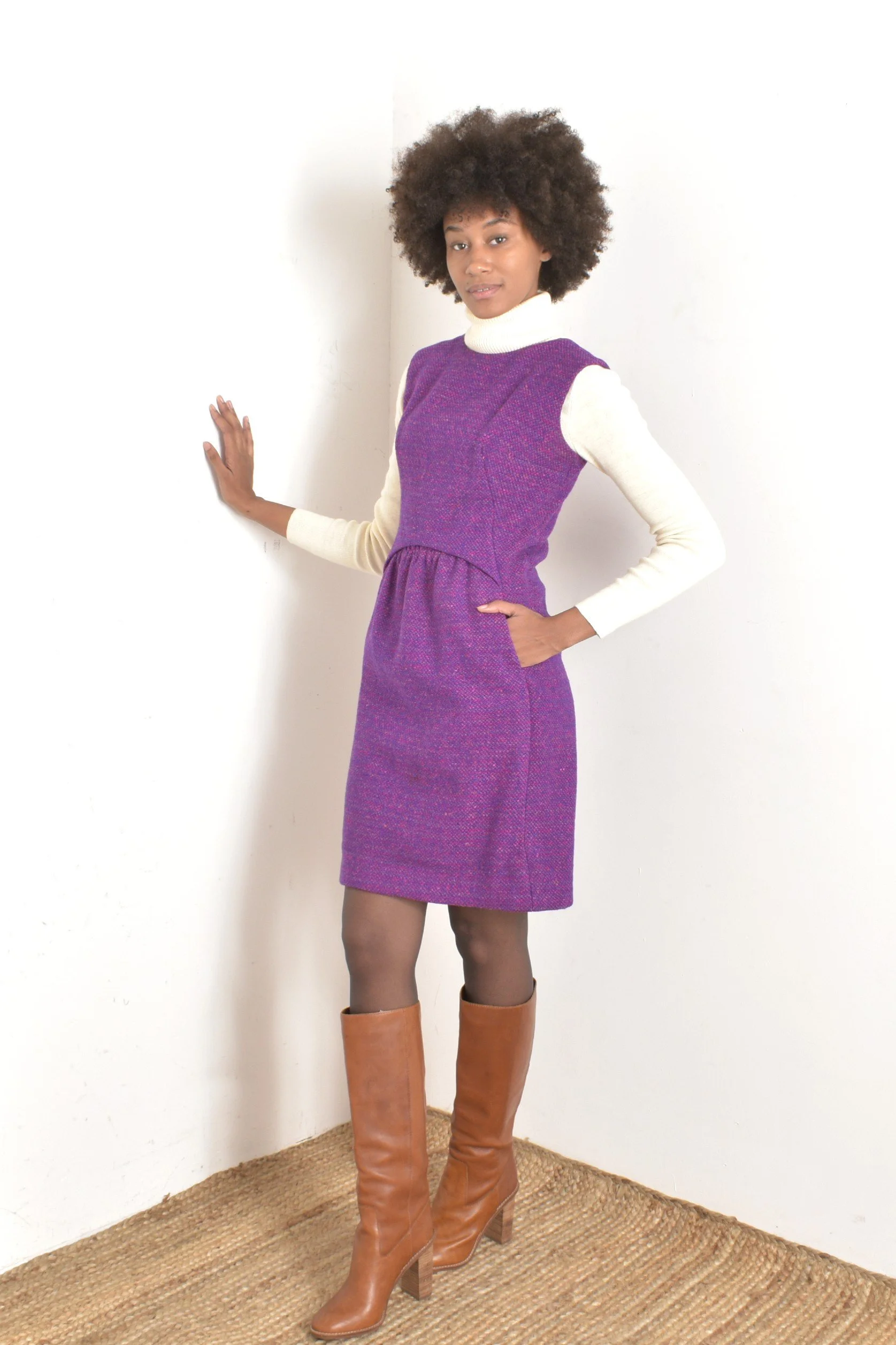 tweed purple dress Pearl Embellished Tweed Mock Neck Sheath Dress - Violet Tulip