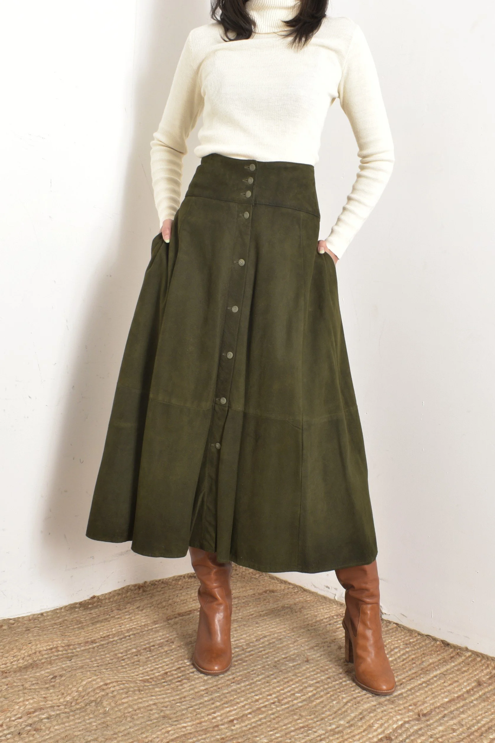 Jupe Femme Sigrid Olsen Taille 6 - Vert Olive En Simili Daim, Longueur Midi (30,5 Pouces), Doublée