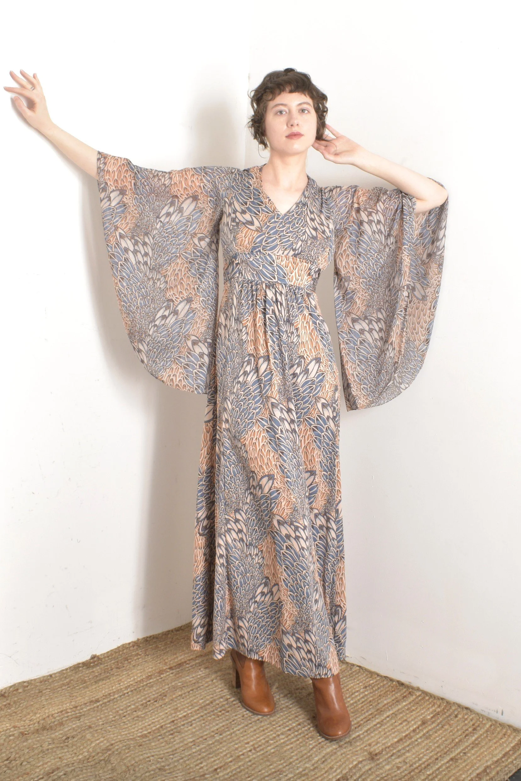 1970s Feather Print Angel Sleeve Dress-S/M  La Poubelle Vintage