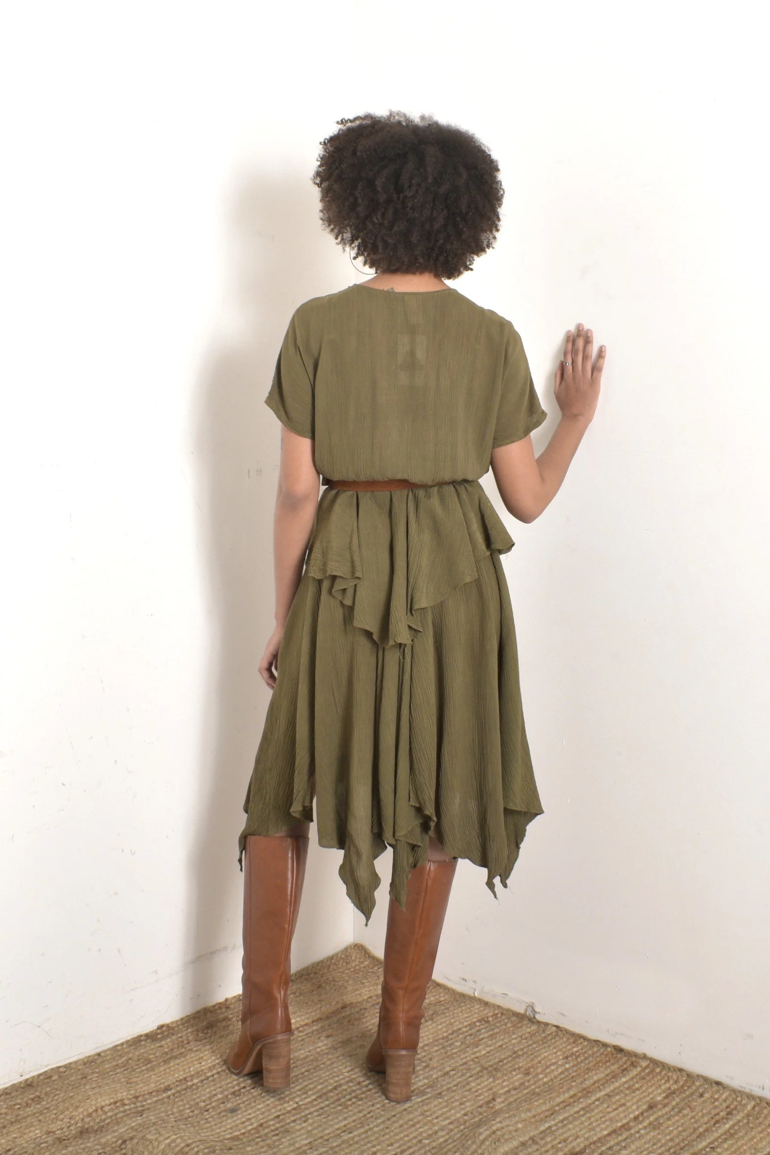 1980s Olive Green Drapey Crinkle Dresslarge  La Poubelle Vintage