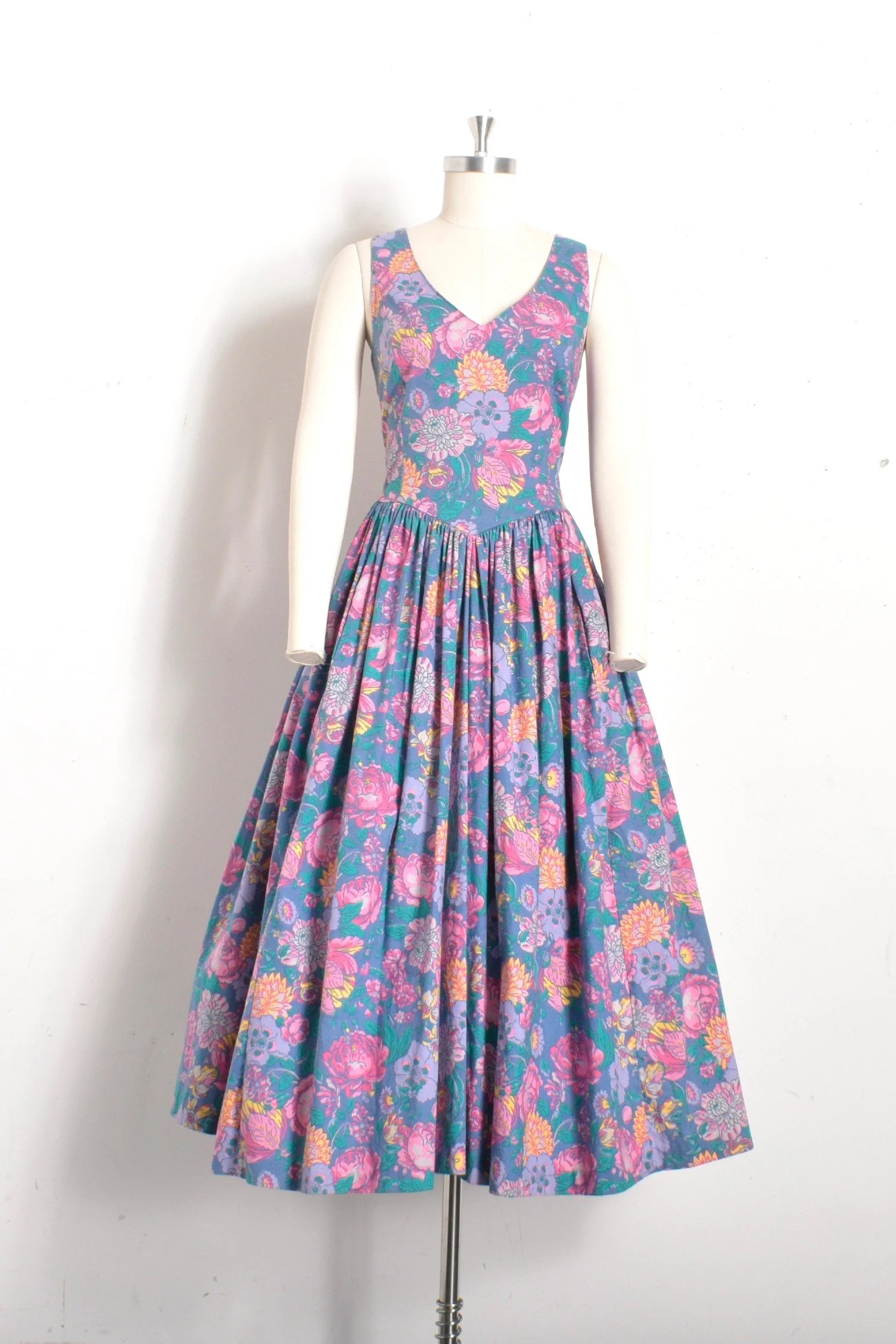 vintage cotton dresses Retro Stage Floral Puff Sleeves Lapel Midi Dress | 100% Cotton main image 0