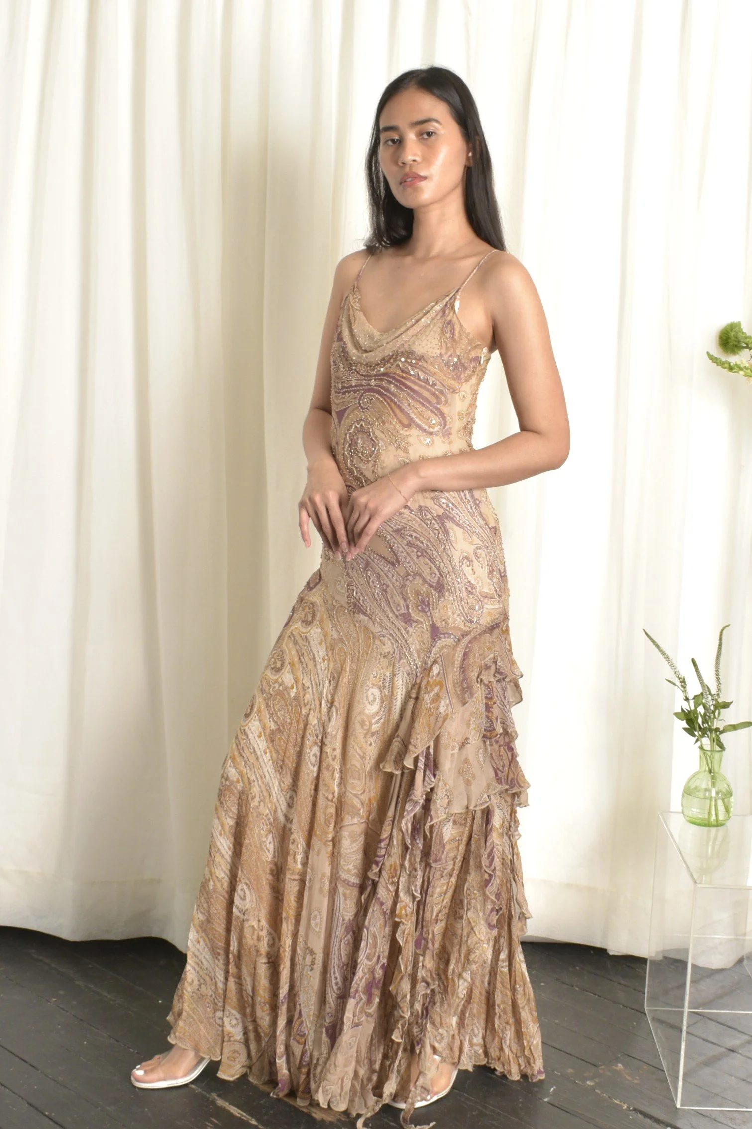 beige tan dress BEIGE FLOWY DRESS WITH SHIMMER main image 0