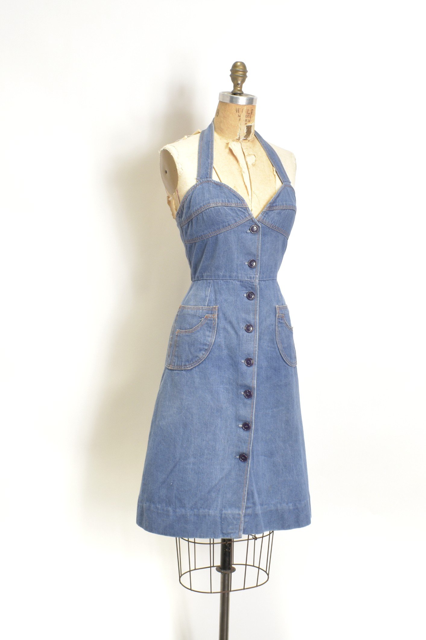 1970s Denim Halter Dress-small  La Poubelle Vintage