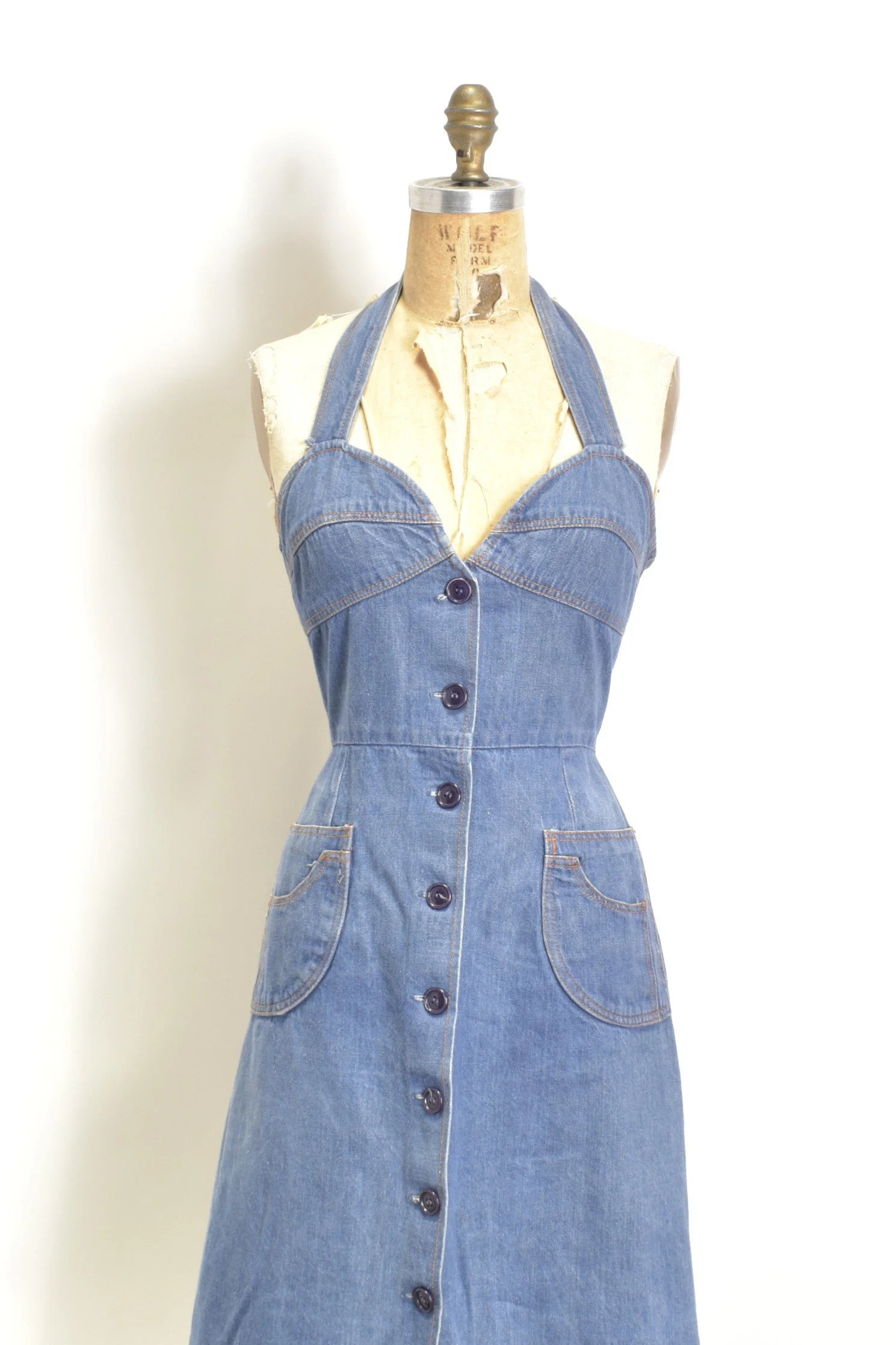 1970s Denim Halter Dress-small  La Poubelle Vintage