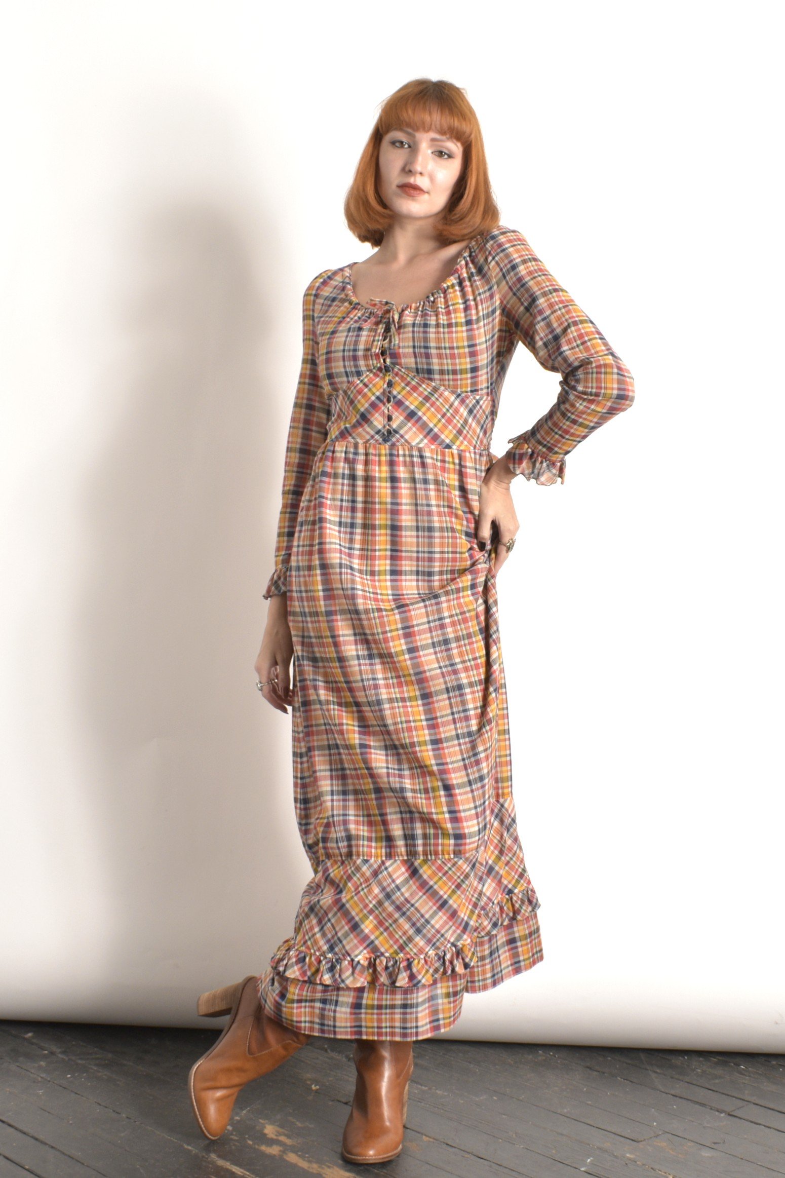 1970s Plaid Cotton Maxi Dress-S/M  La Poubelle Vintage