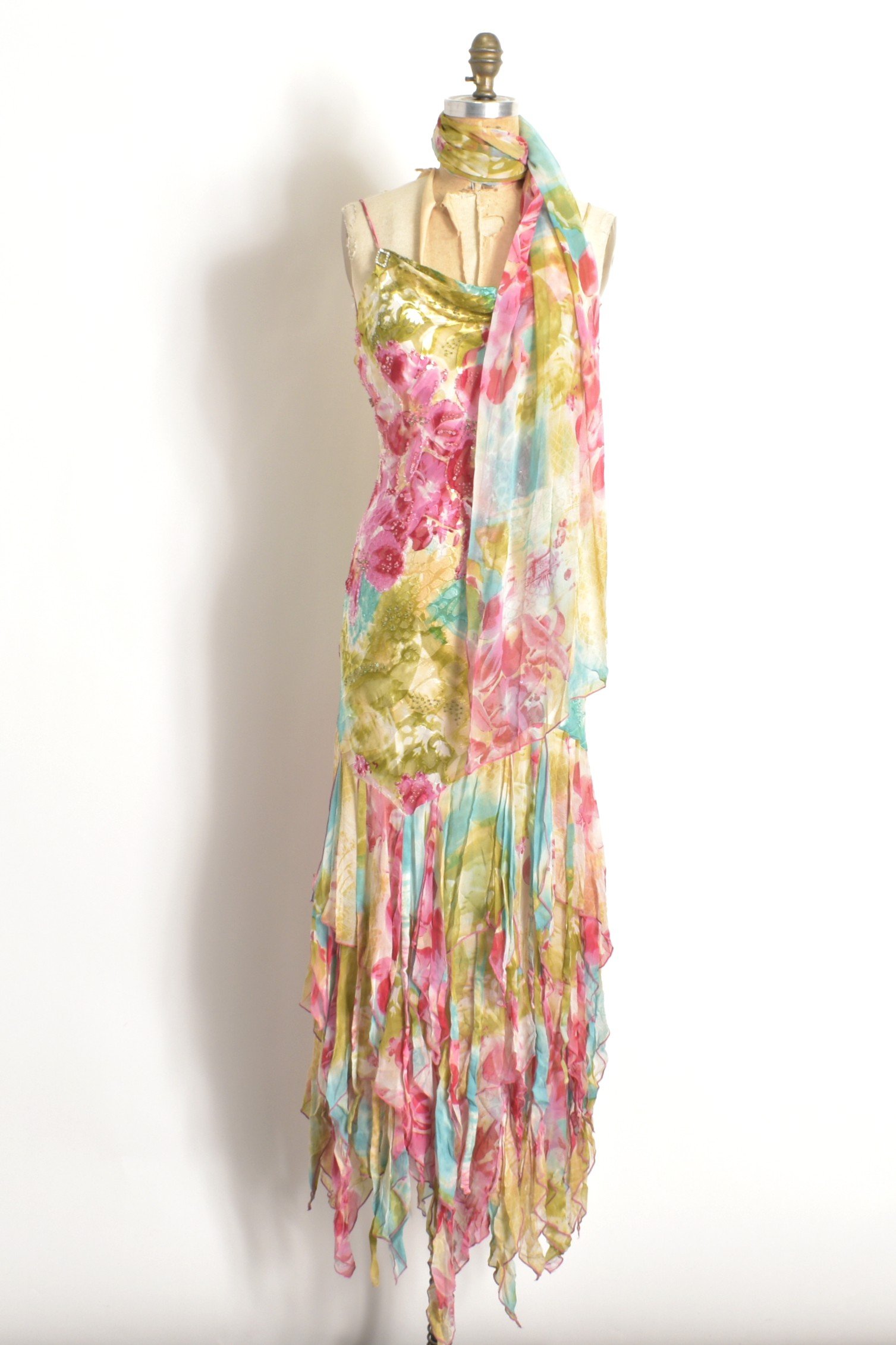 Y2K Diane Freis Dress-S/M Colorful Silk Vintage Ruffle — Poubelle La