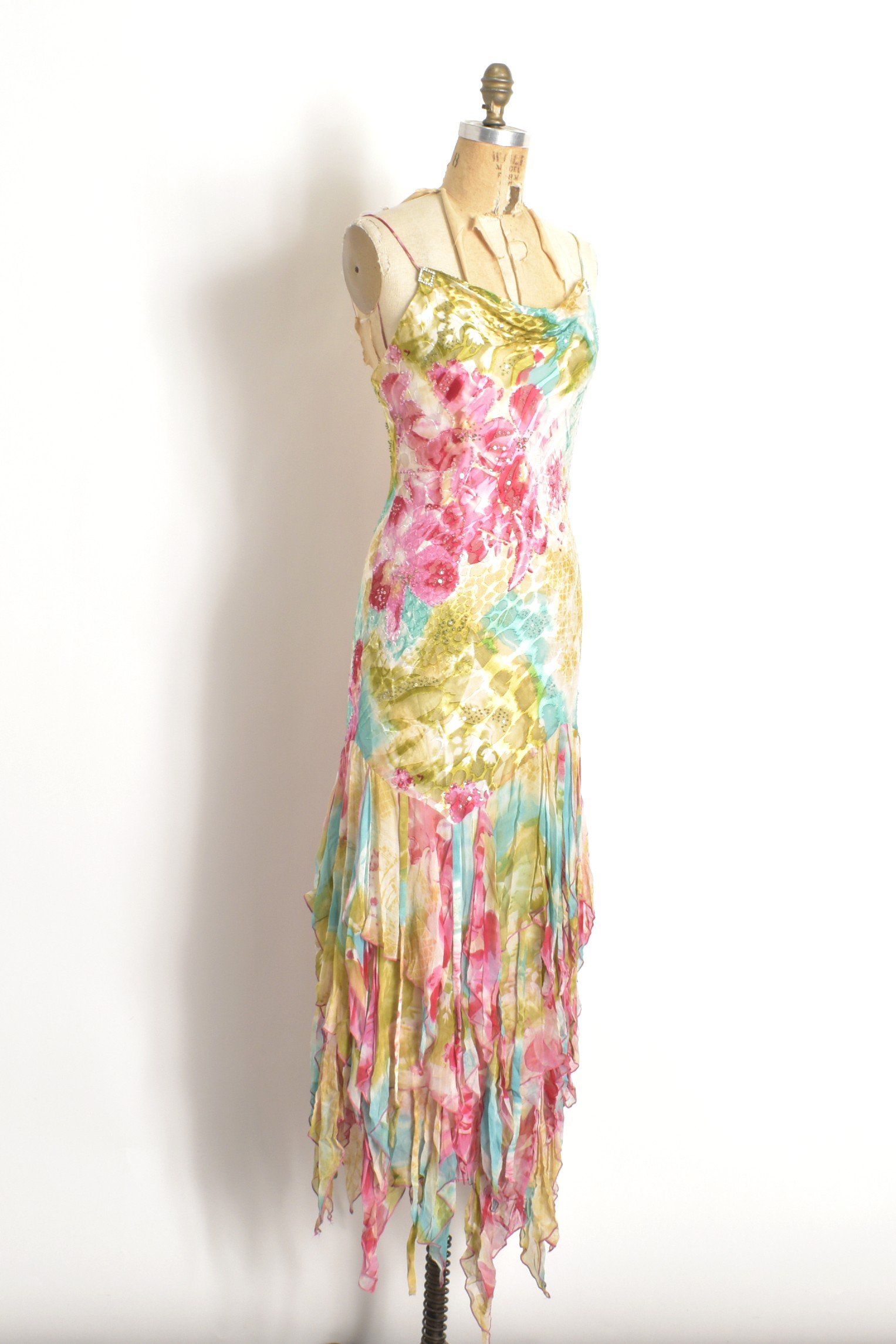 Y2K Dress-S/M — Diane Freis Ruffle Colorful Poubelle Silk Vintage La