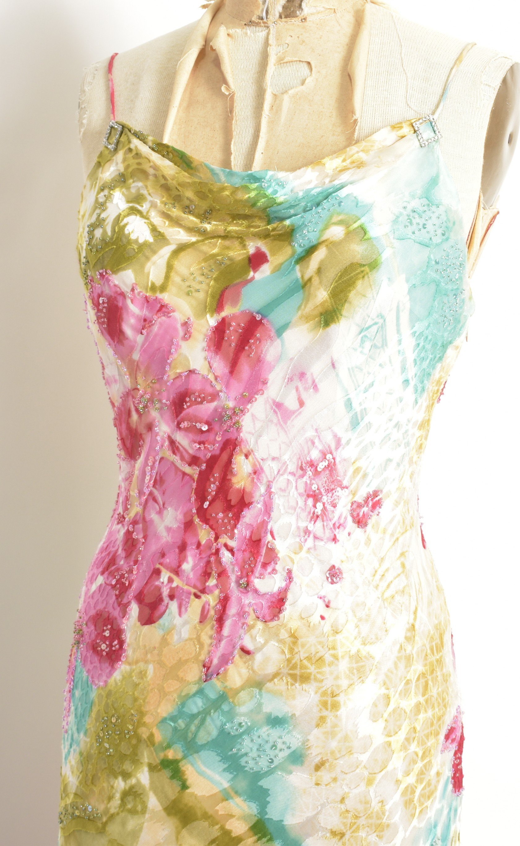 Y2K Diane Freis Colorful La — Ruffle Silk Poubelle Vintage Dress-S/M