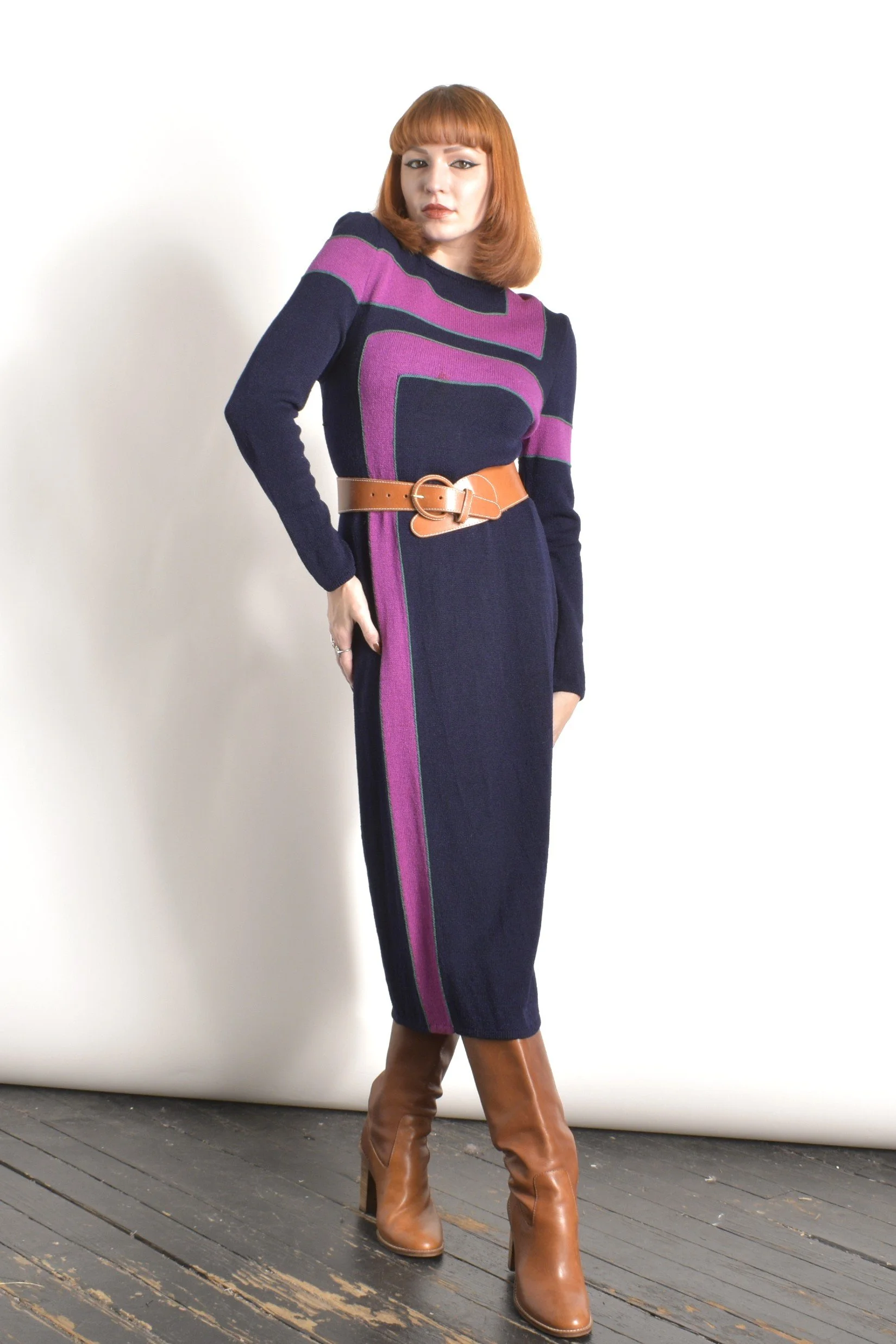 st john purple dress Vintage St. John by Marie Gray Sz. 6 Purple Long Sleeve Mid Length Knit Puff Sleeve Dress