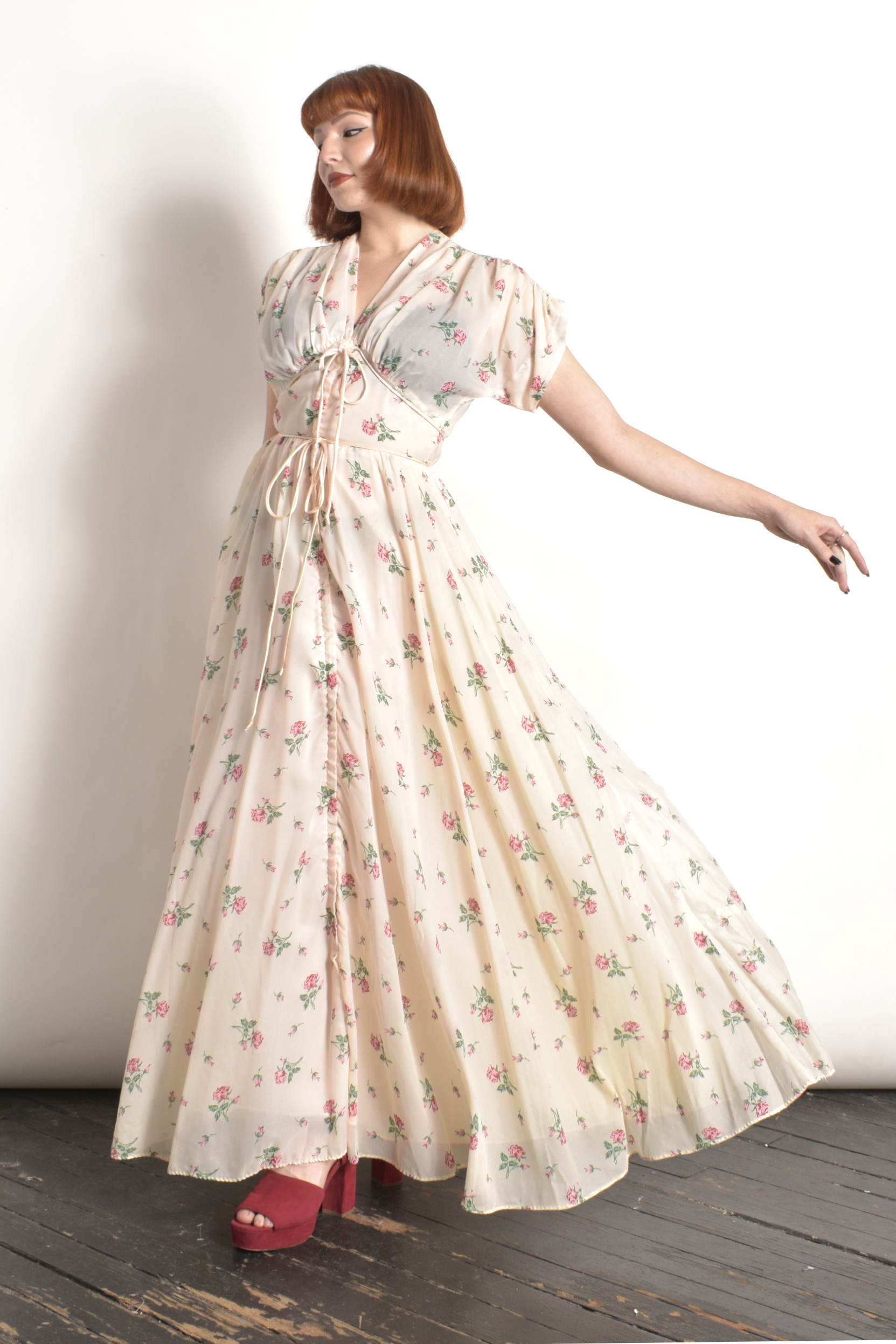 1950s Rose Print Gown-small — La Vintage