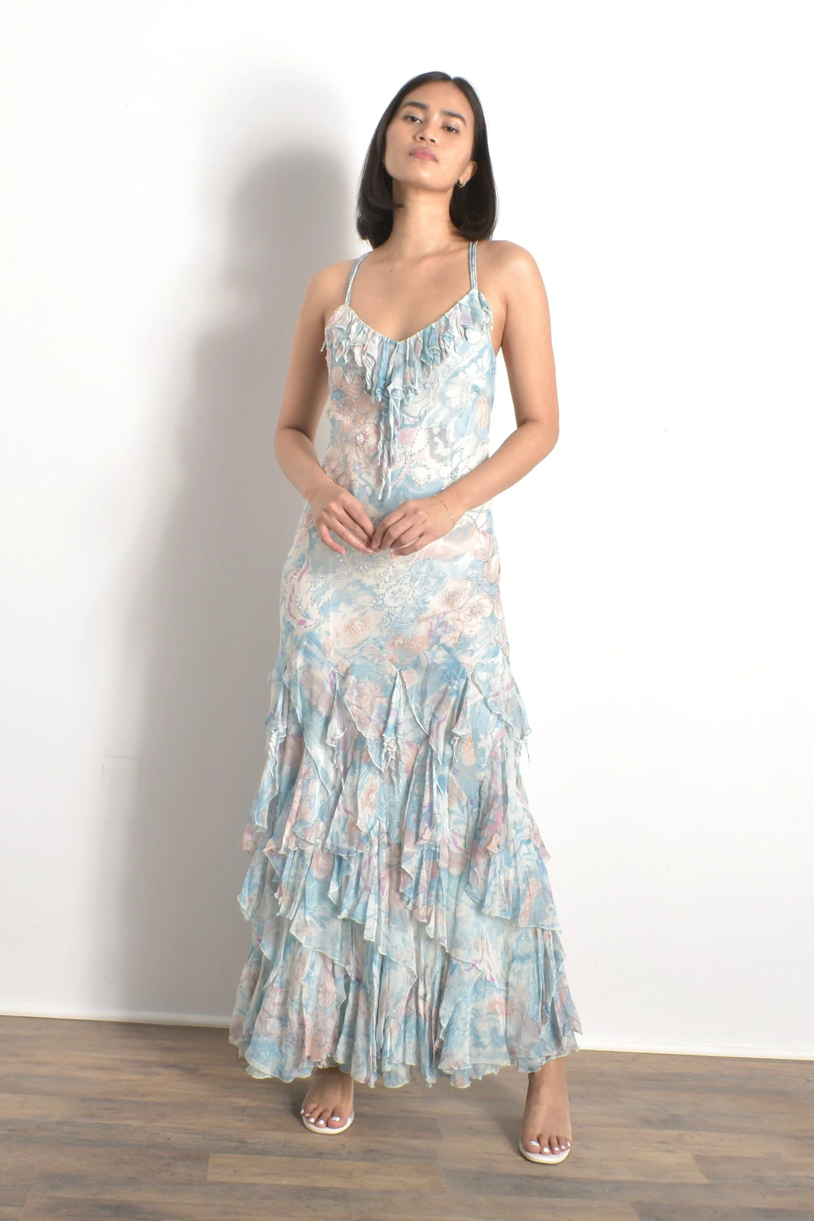 y2k deadstock diane freis blue floral silk bias cut dress gown waterfall ruffles