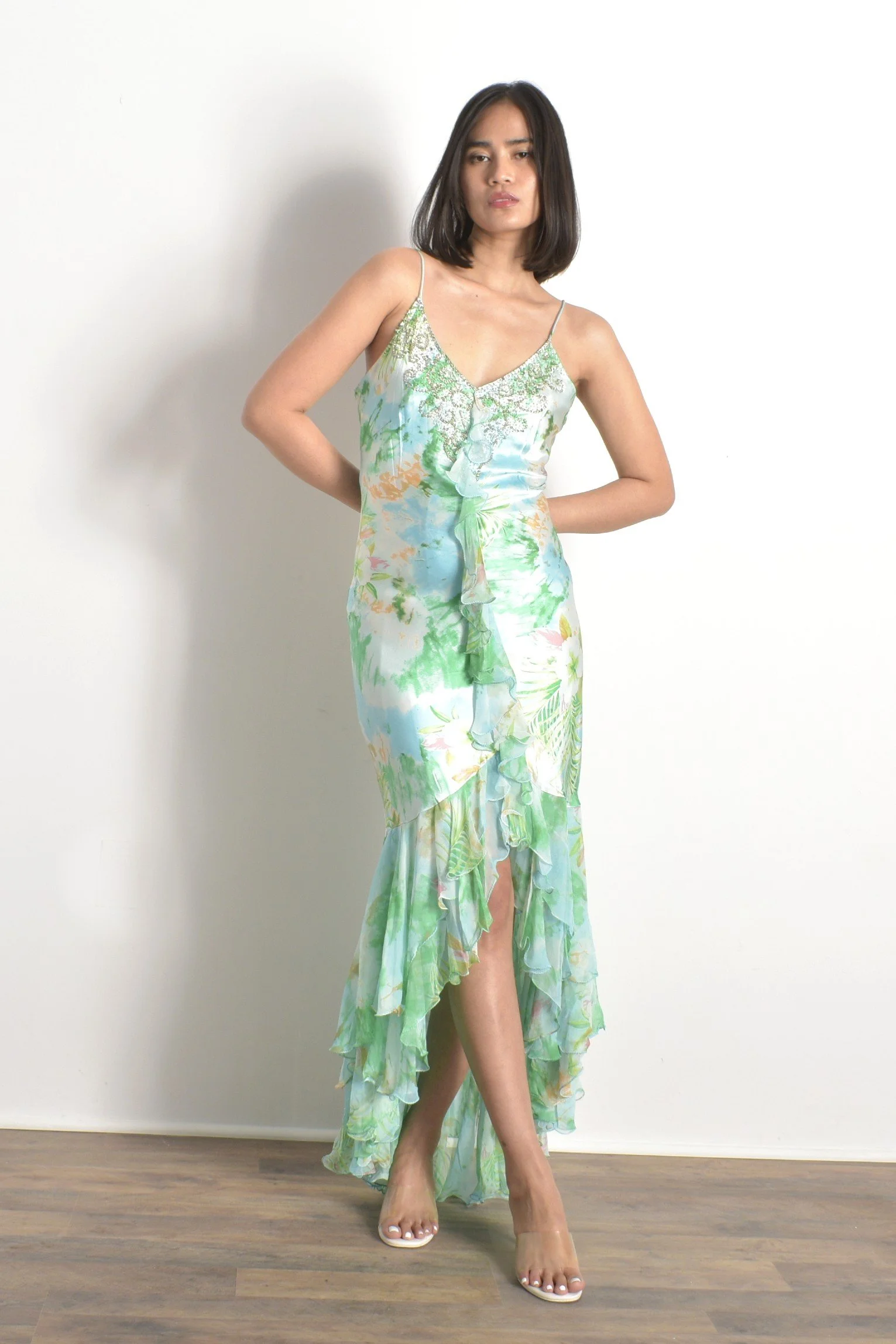 Y2K Diane Freis Blue Floral Satin Dress-M/L — La Poubelle Vintage