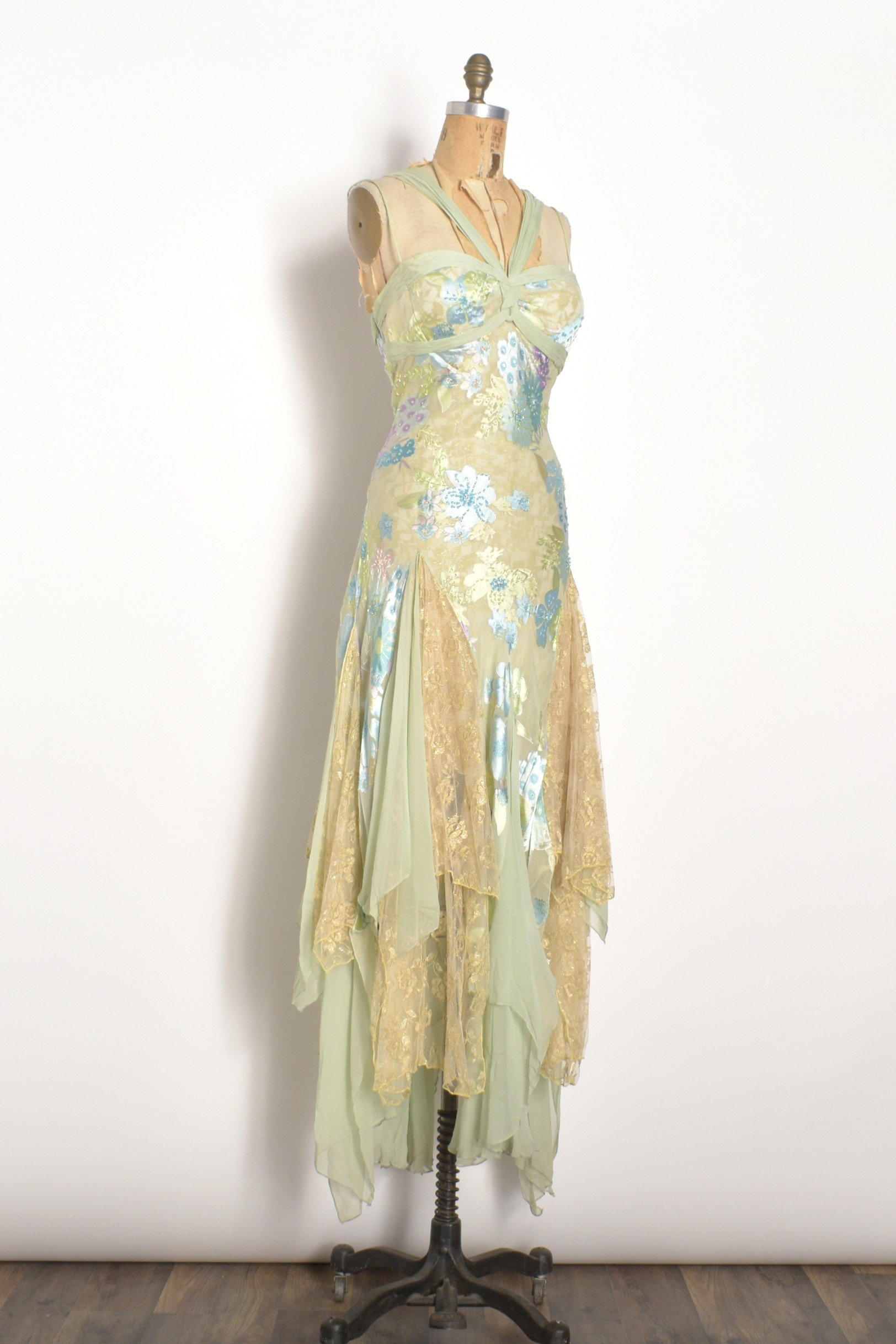 Diane Freis Y2K Green Silk & Lace Fairy DressM/L La Poubelle Vintage Diane Freis Y2K Green Silk & Lace Fairy DressM/L La Poubelle Vintage