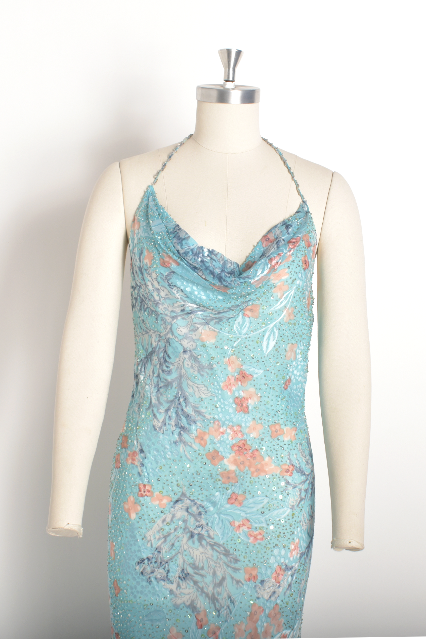 sachin and babi light blue dress Y2K Diane Freis Blue Floral Silk Halter Dress-M/L  La Poubelle Vintage