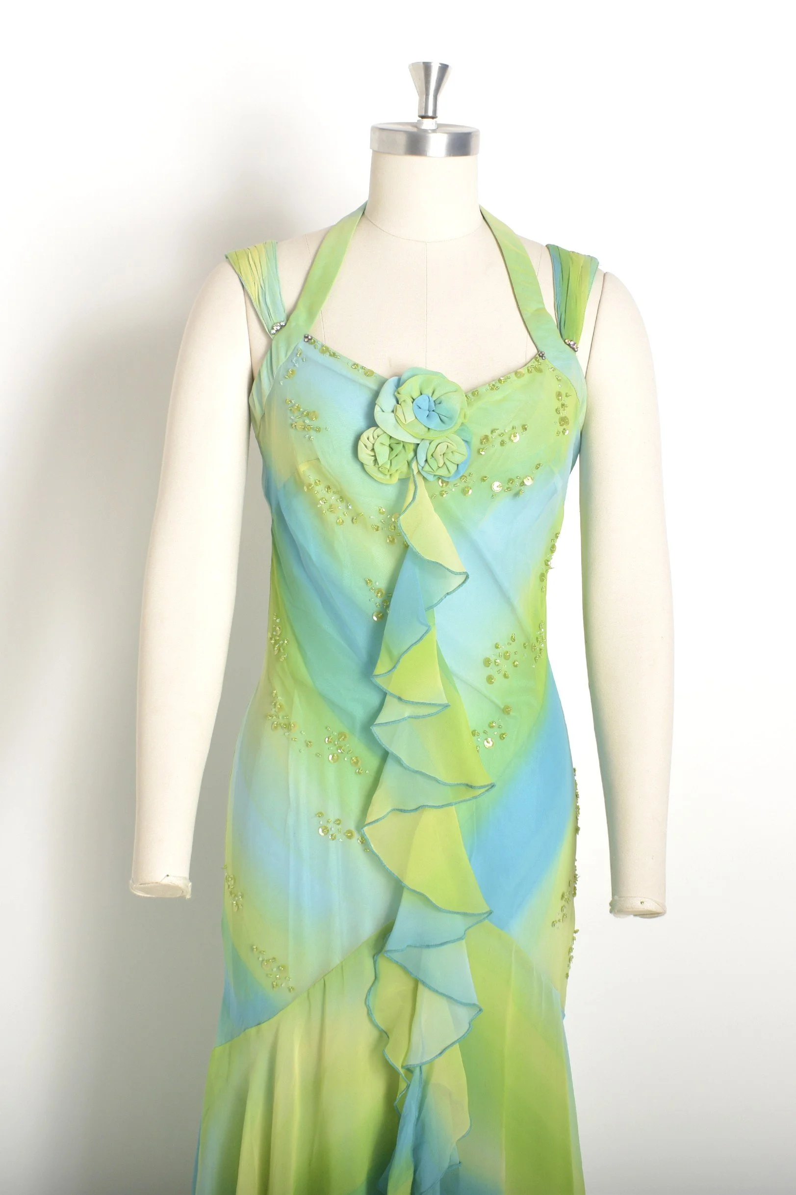 Y2K Diane Freis Blue and Green Ruffle Dress-XS/S  La Poubelle Vintage