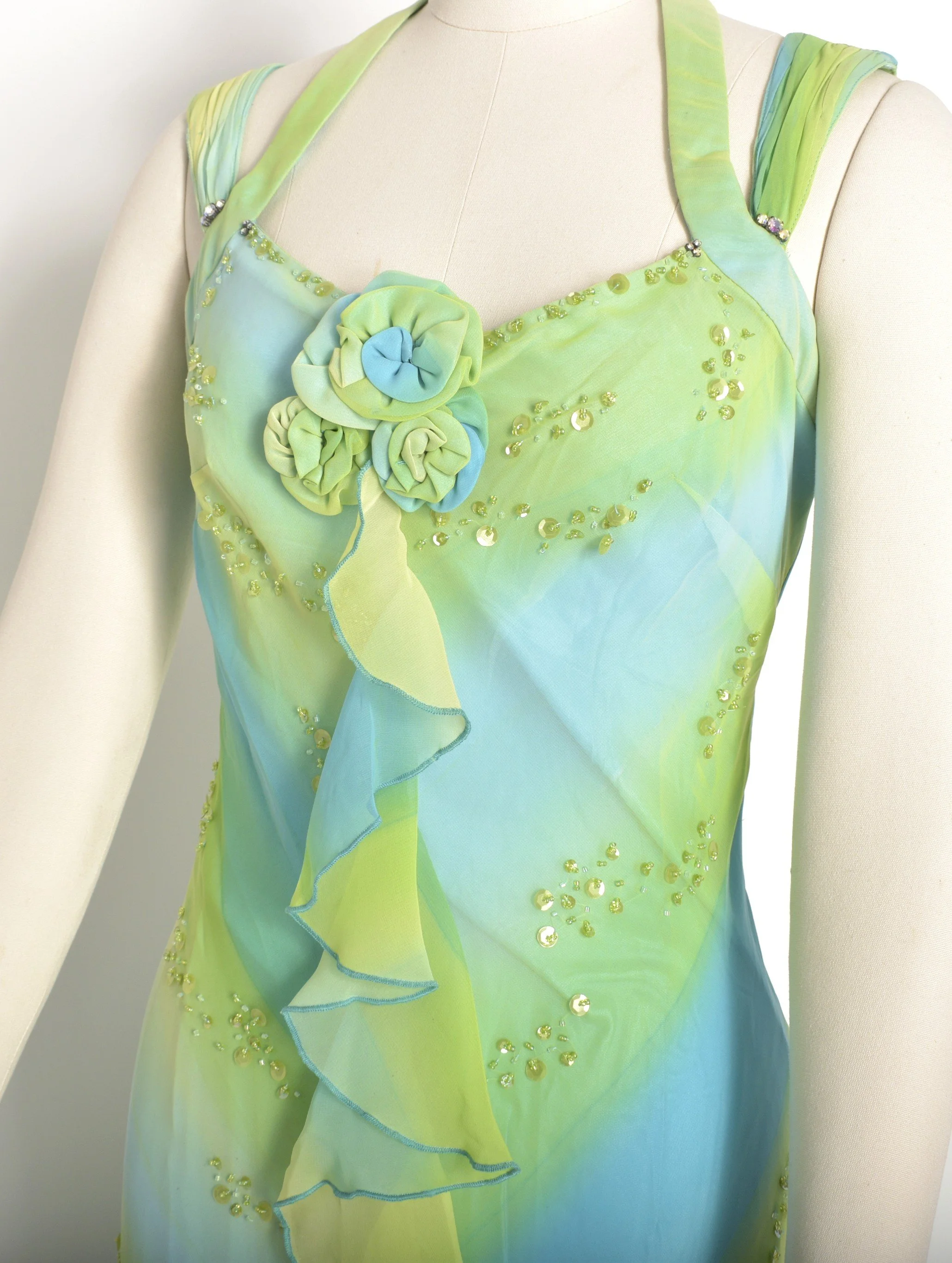 Y2K Diane Freis Blue and Green Ruffle Dress-XS/S  La Poubelle Vintage