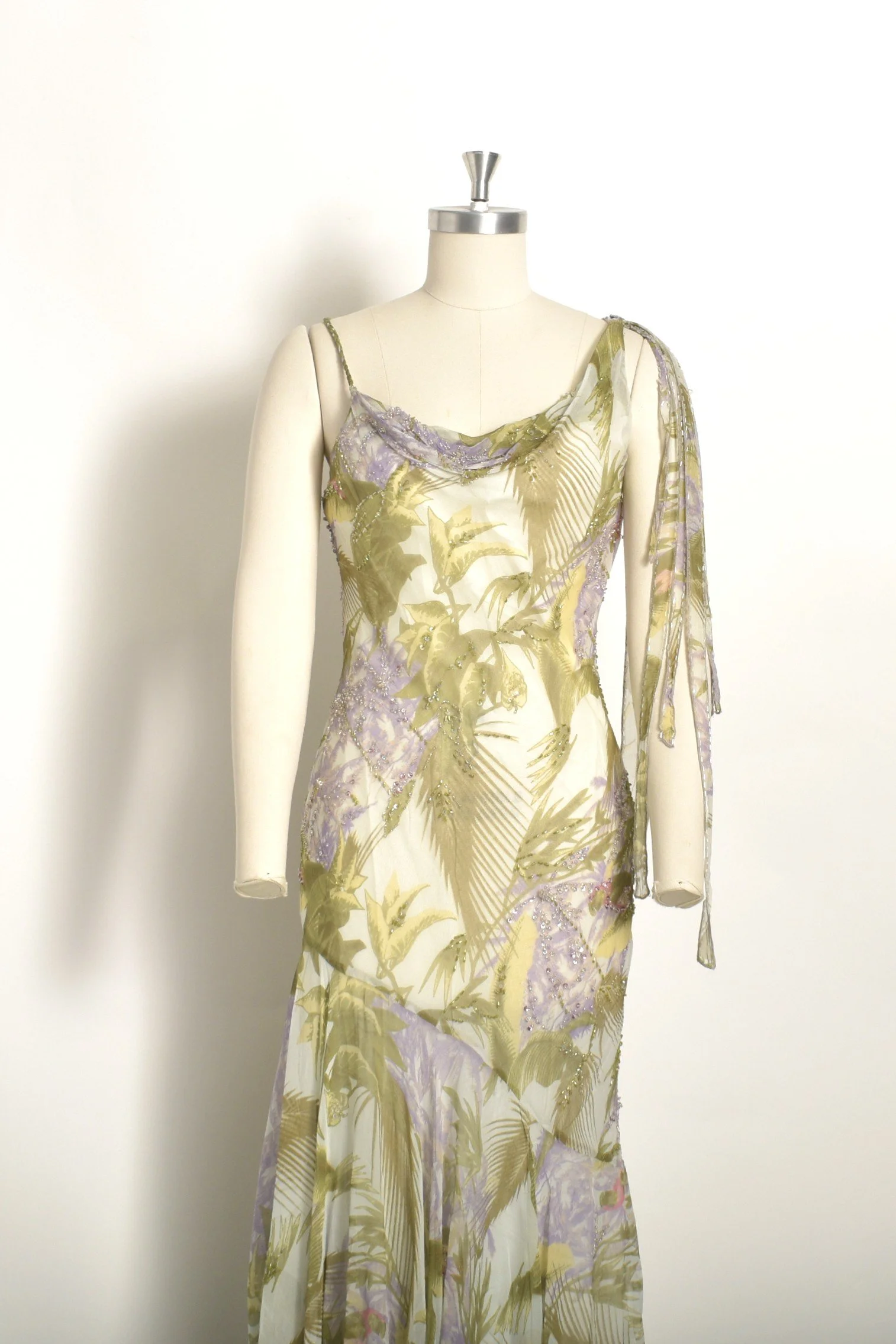 Y2K Diane Freis Green and Purple Botanical Silk Dress-XS/S/M  La Poubelle  Vintage