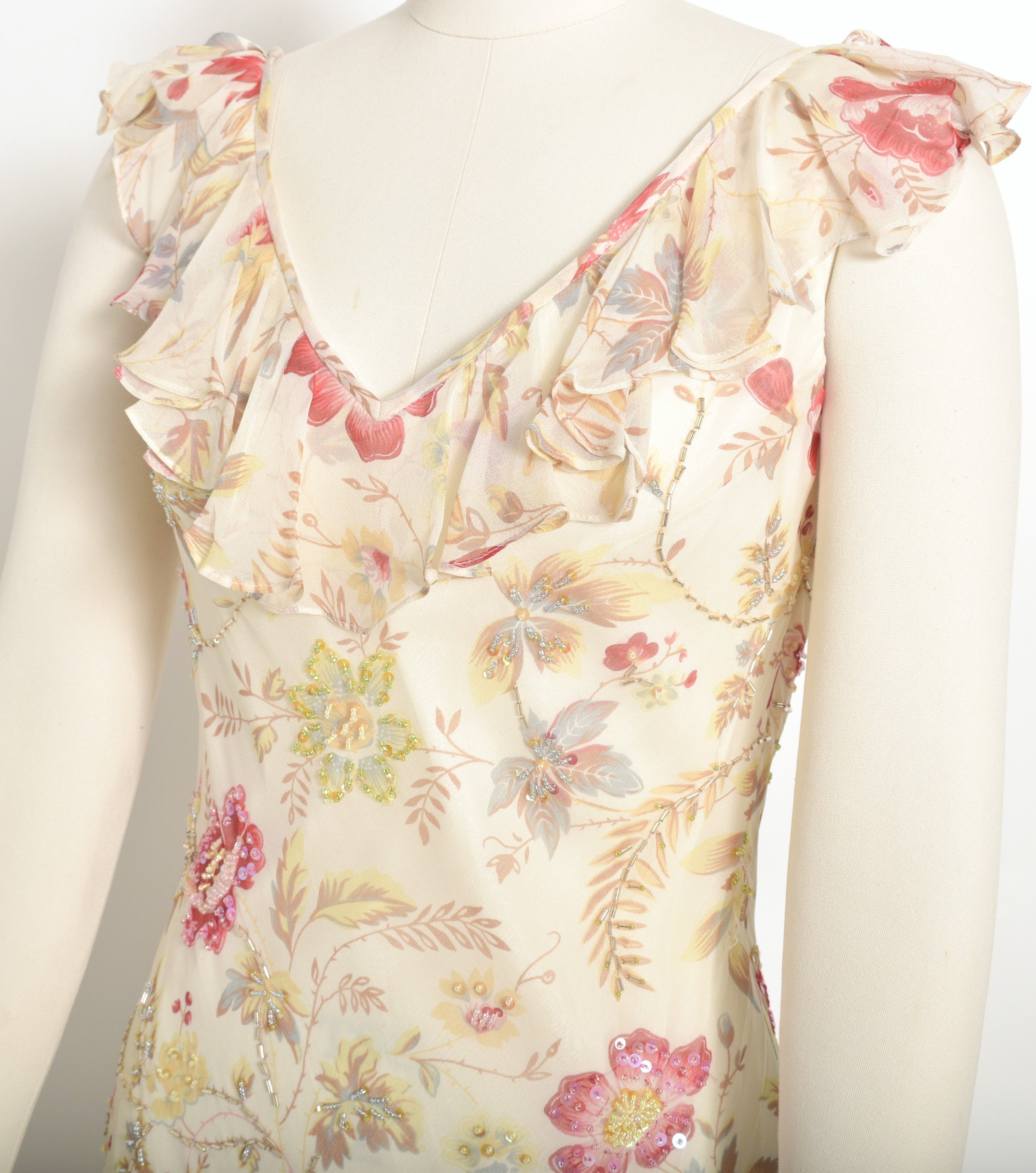 Y2K Diane Freis Cream Floral Silk Dress-XS/S/M — La Poubelle Vintage