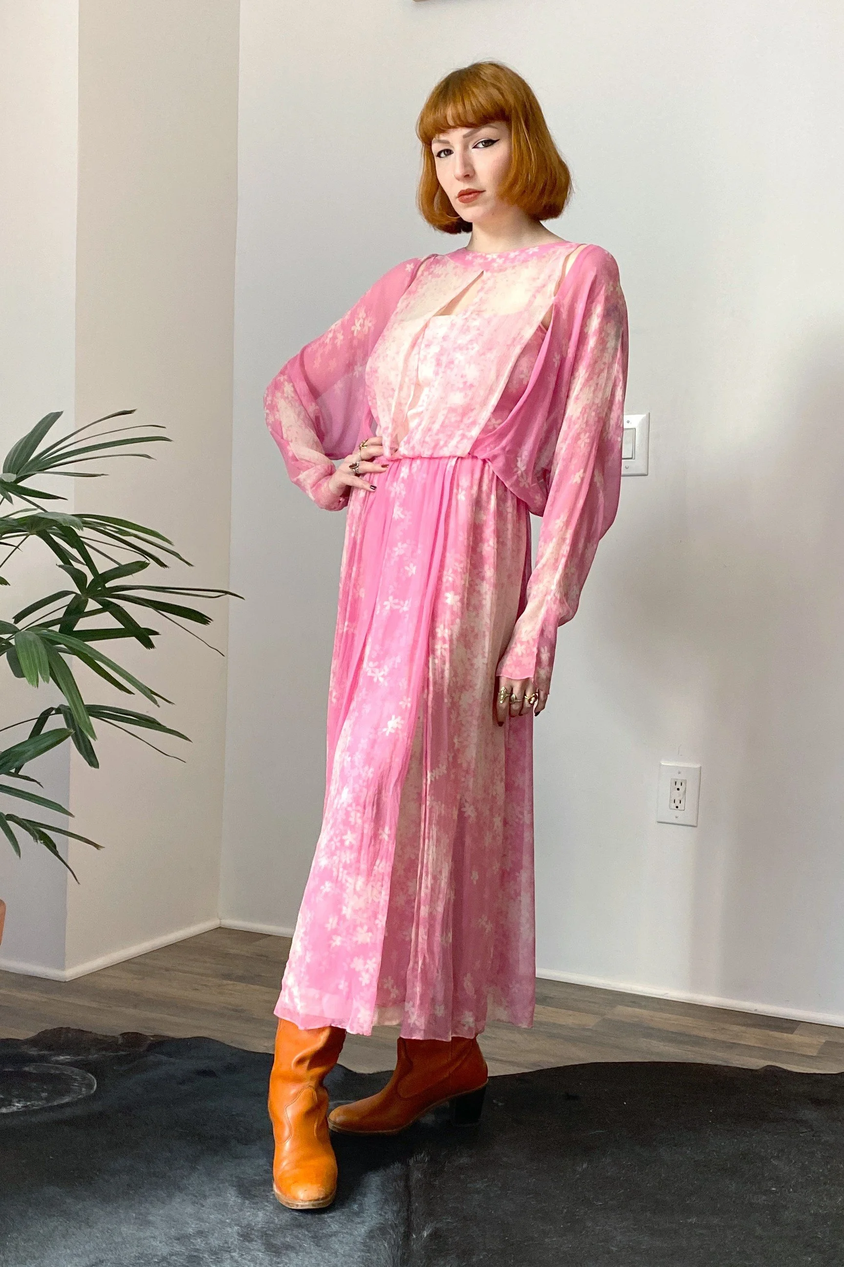 1970s Pink Cherry Blossom Silk Dress-M/L  La Poubelle Vintage