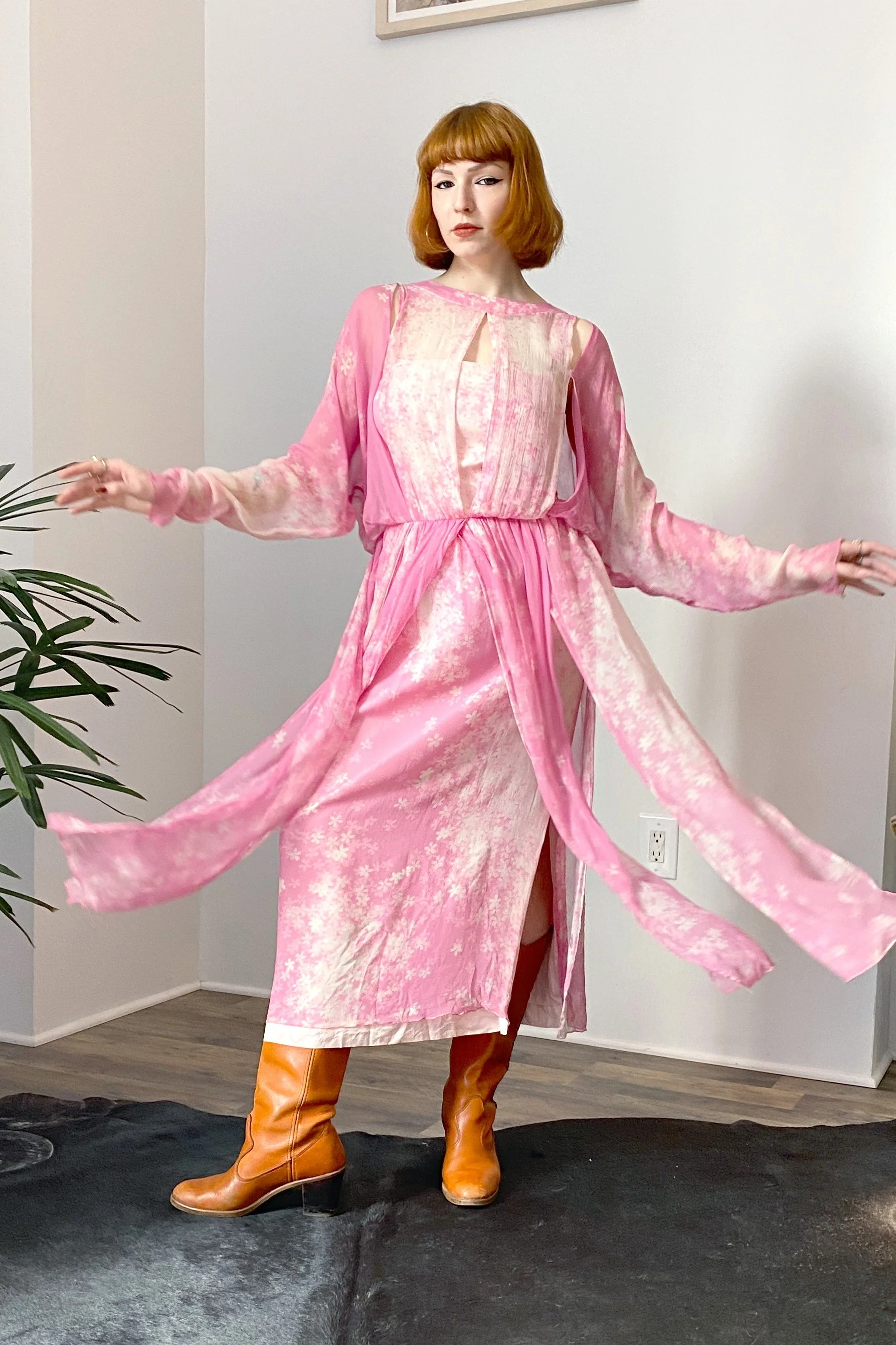 Cherry Blossom Pink Gown With Sleeves Sakura Blooms Midi Dress