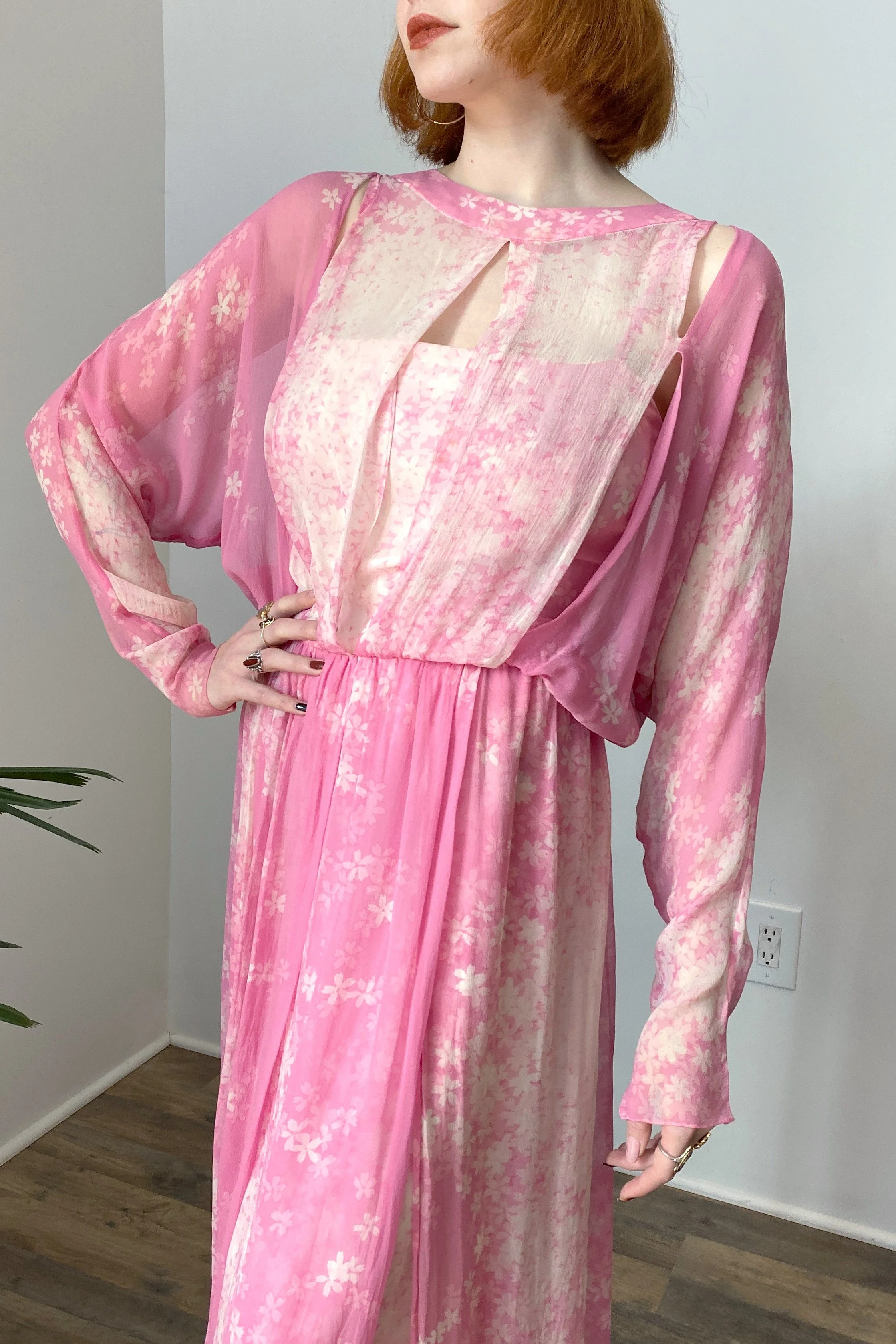 1970s Pink Cherry Blossom Silk Dress-M/L La Poubelle Vintage 1970s Pink Cherry Blossom Silk Dress-M/L La Poubelle Vintage
