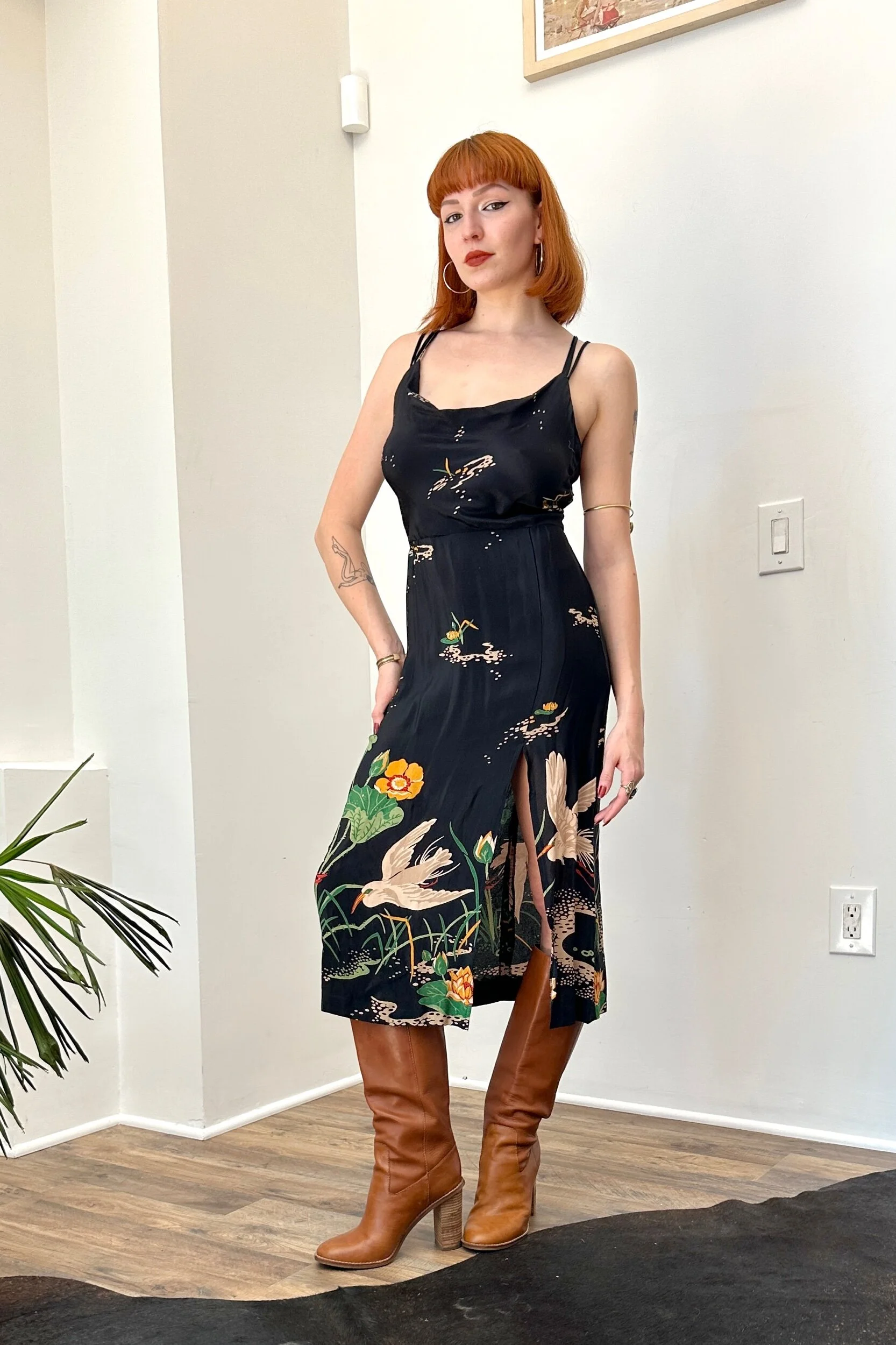 1970s malibu media slinky rayon bird print cross back dress