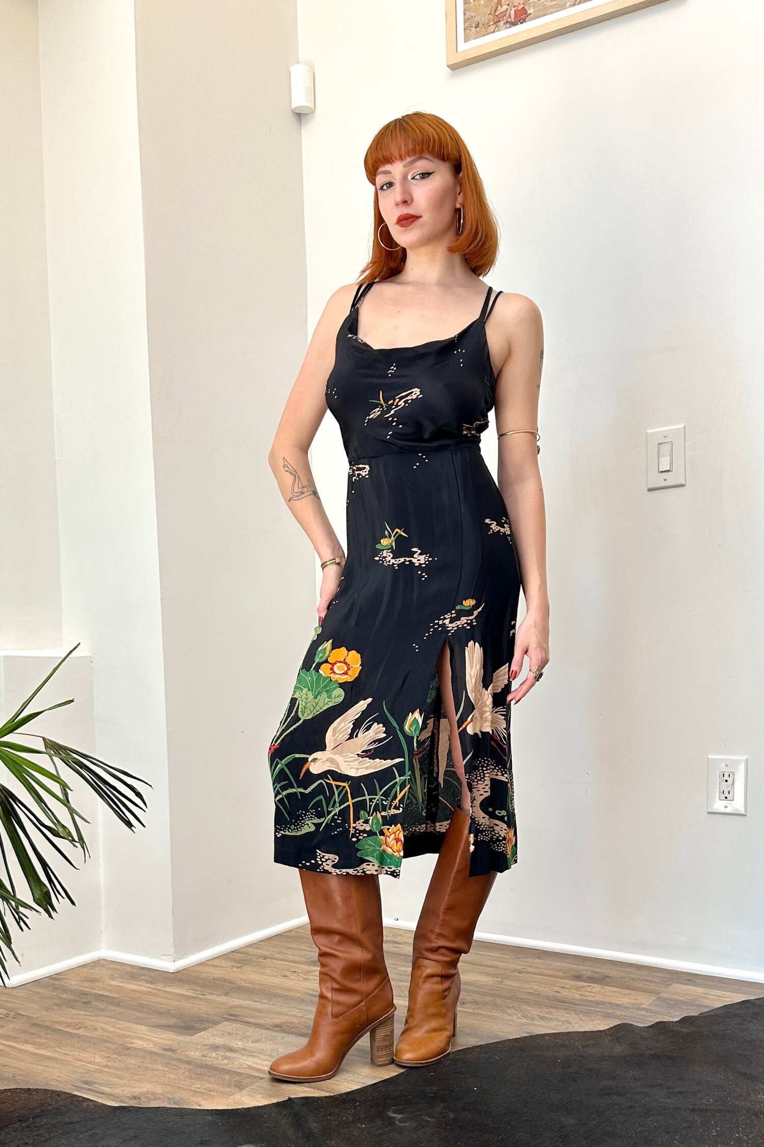 Shop Floral tapestry print crepe banded empire dress