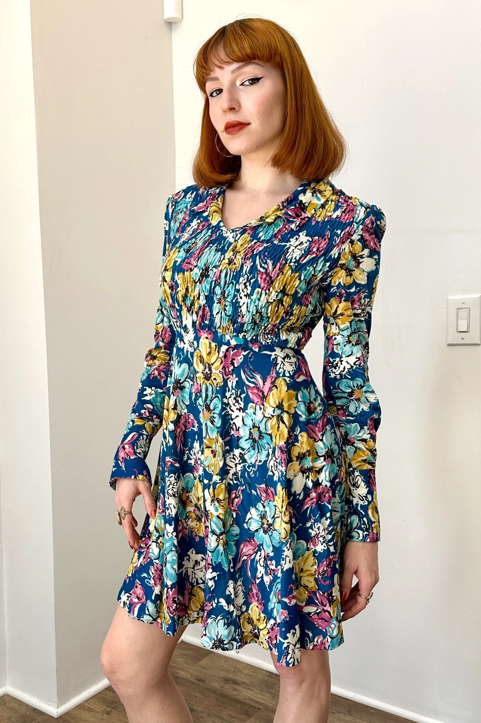 long sleeve 70s mini dress 70s Novelty Film Print Mini Dress | XS-S