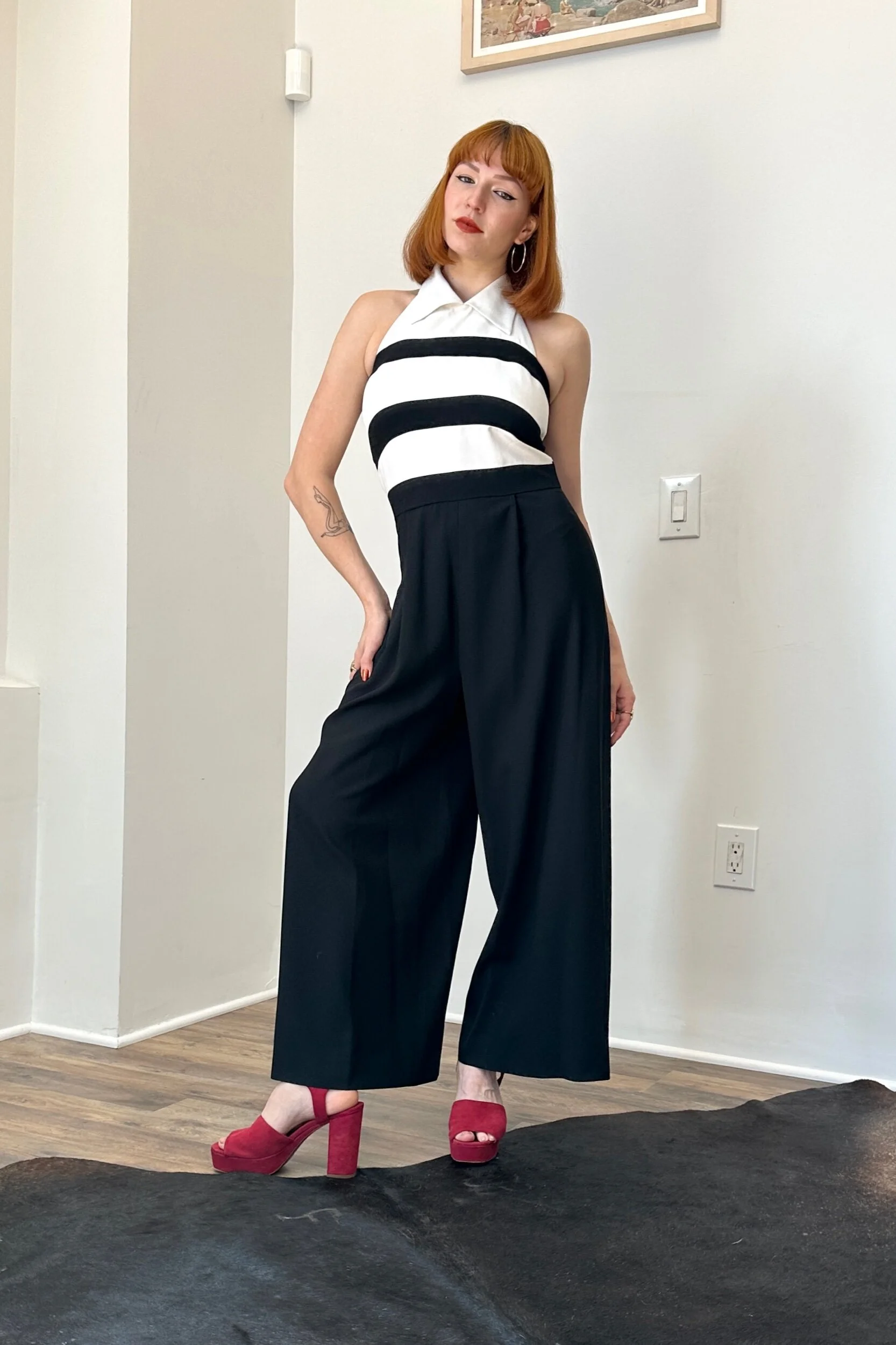 1980s Lillie Rubin striped halter wide leg jumpsuit