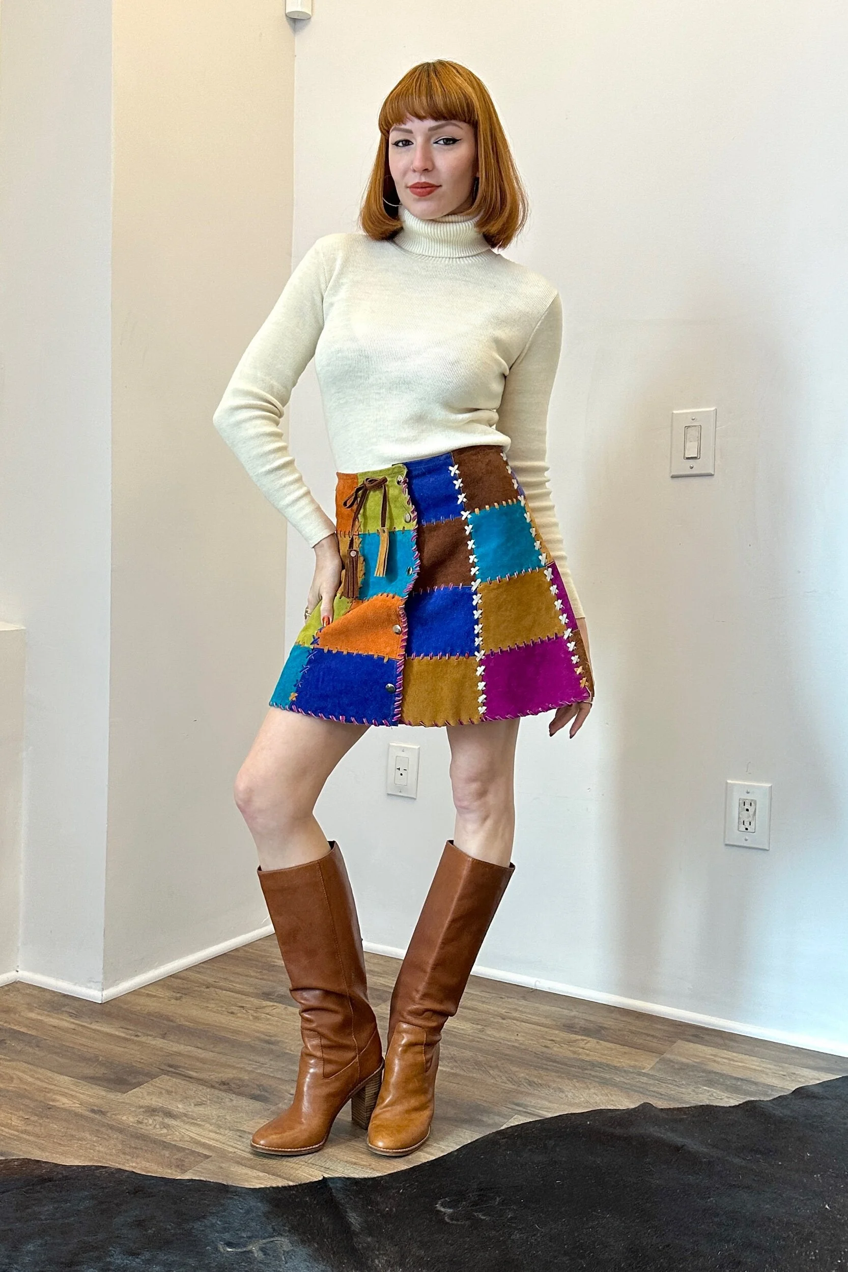 1970s colorful suede patchwork mini skirt