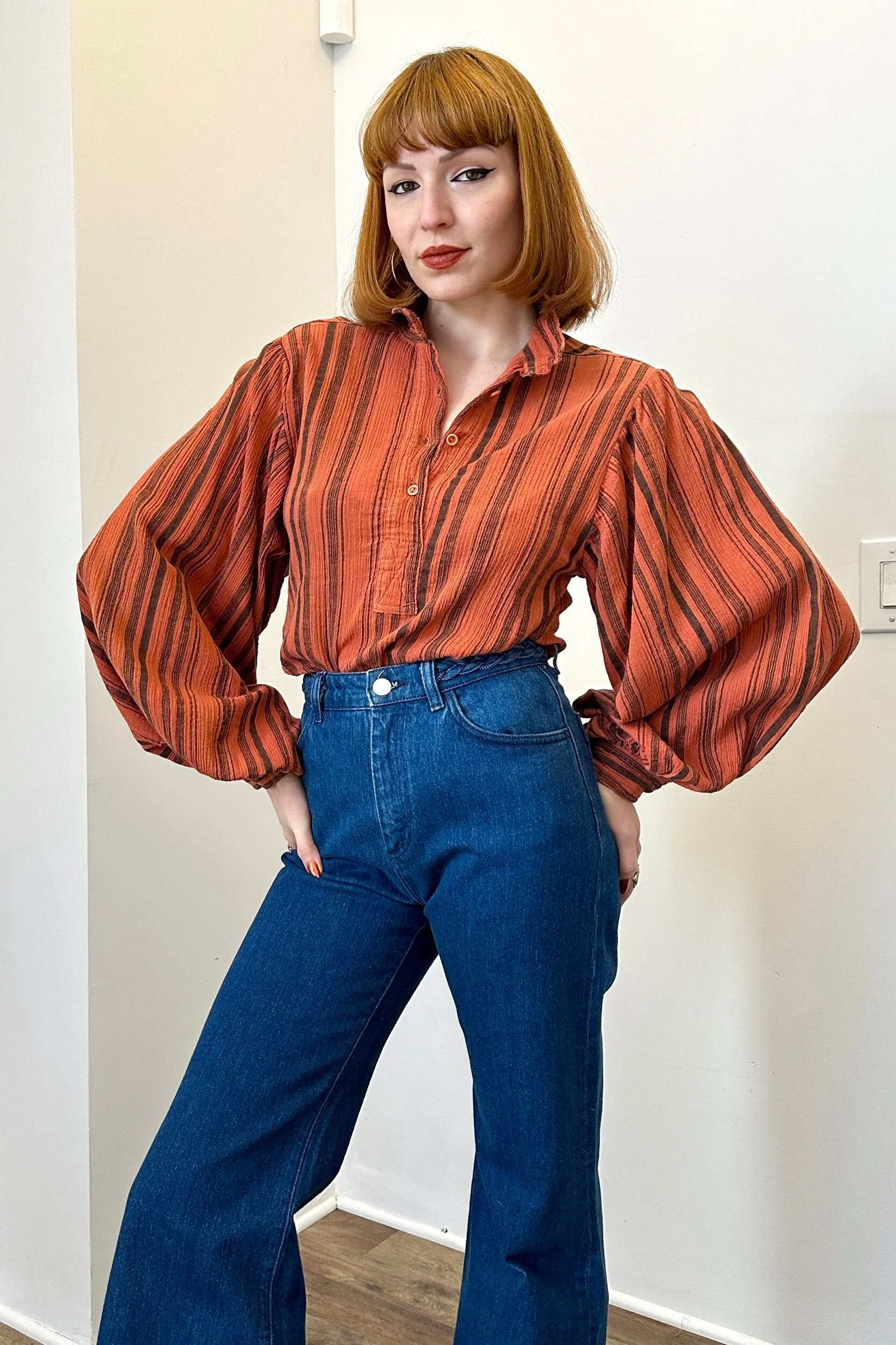 1970s greek cotton orange brown striped balloon sleeve blouse