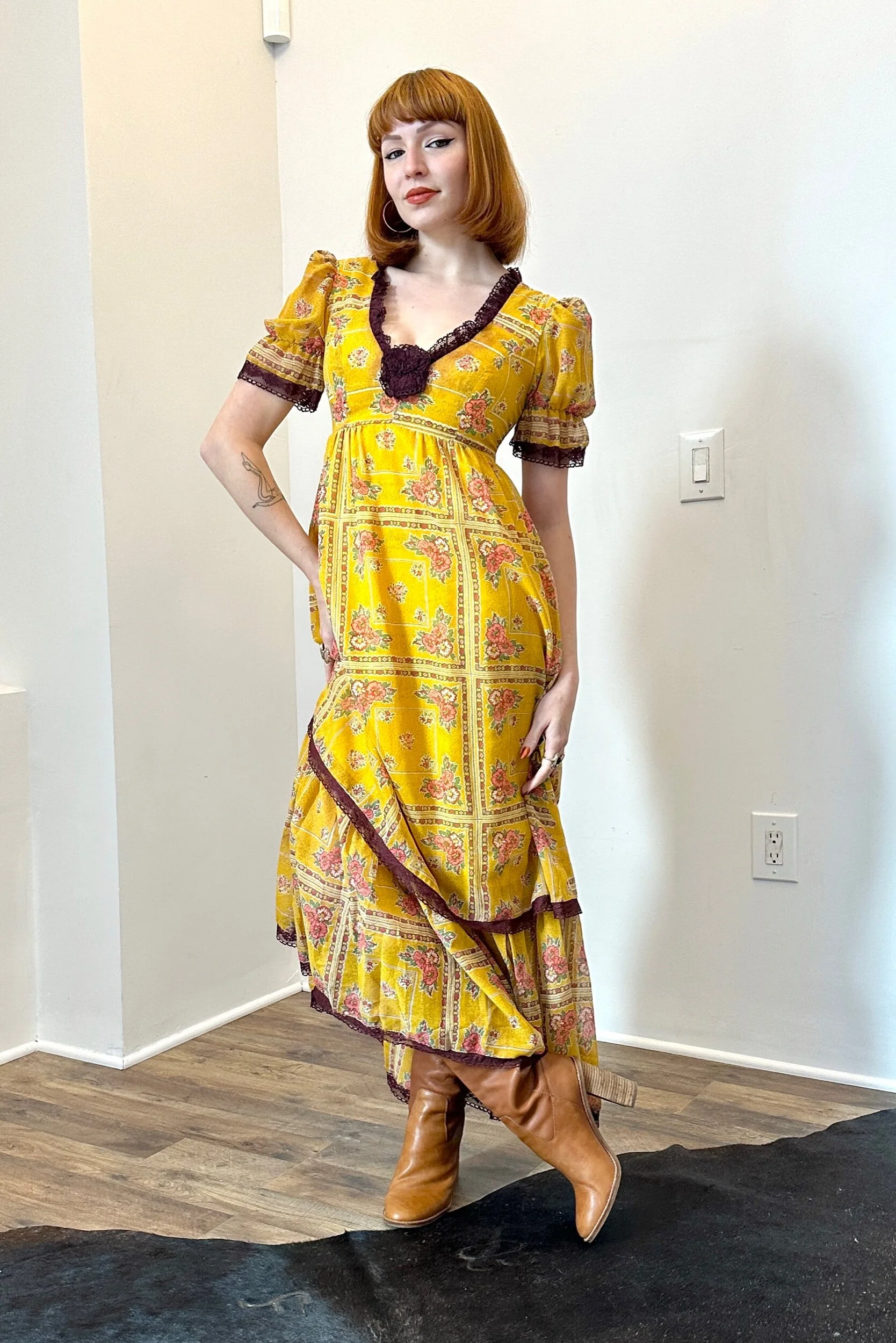 1970s mustard yellow floral scarf print cotton maxi dress