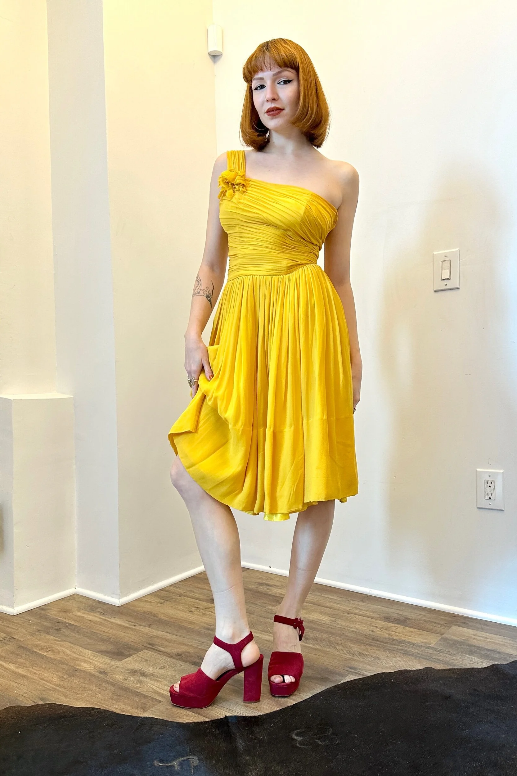 1950s mustard yellow silk chiffon one shoulder party dress