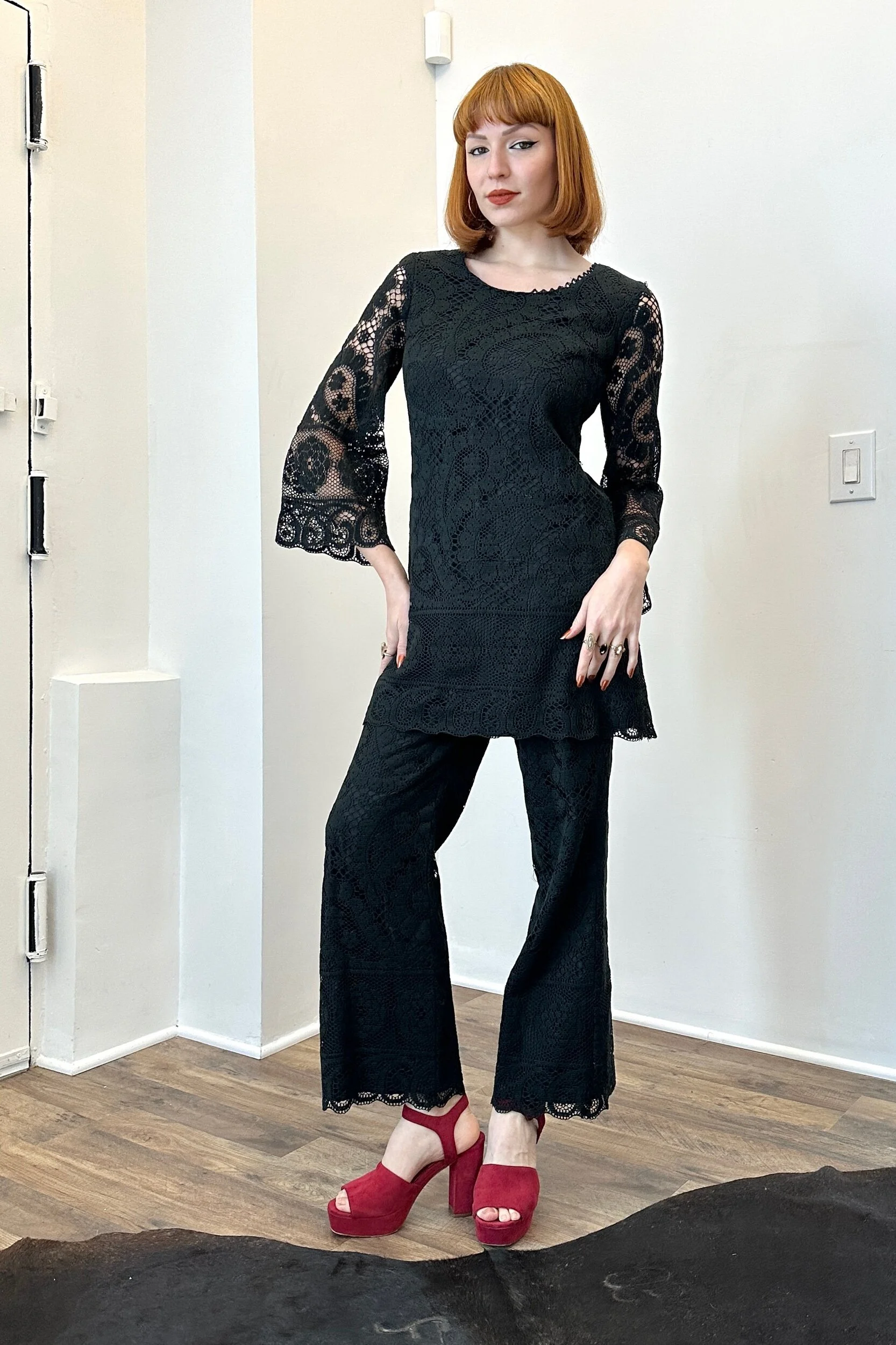 1970s black lace two piece set mini dress flare pants