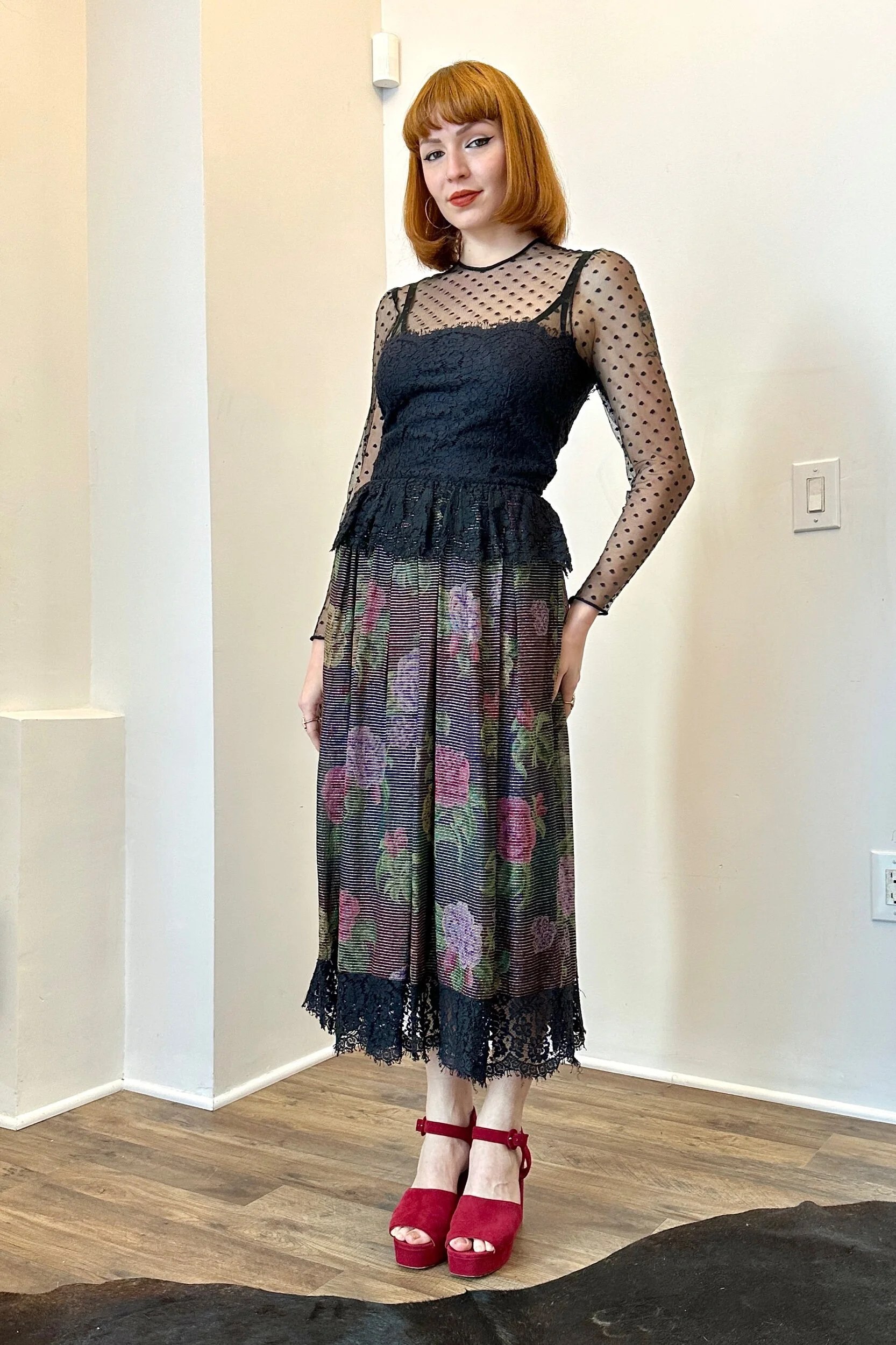 1980s Metallic Floral and Lace Dress-XS  La Poubelle Vintage