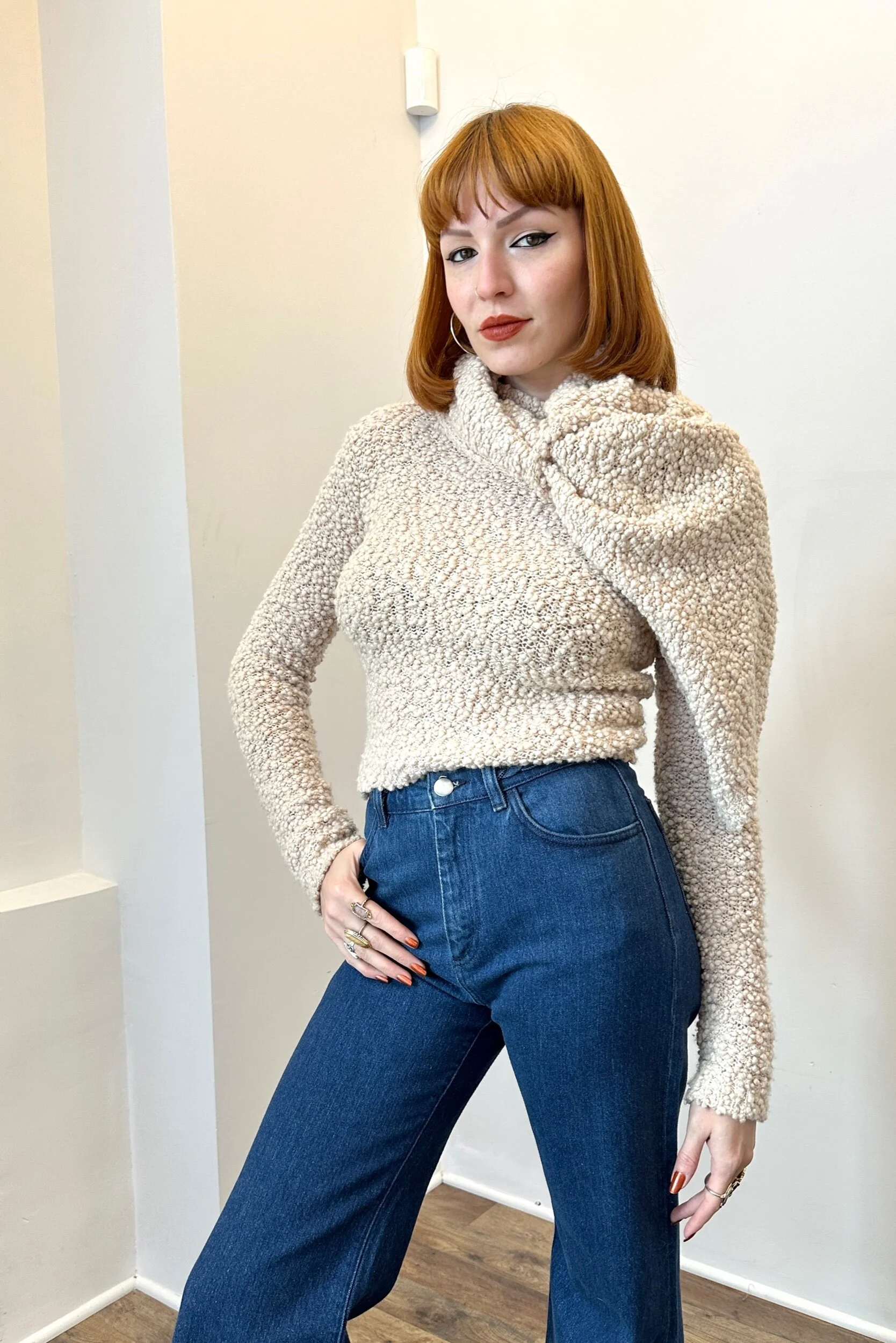 90s y2k chloe cream nubbly knit sweater with scarf