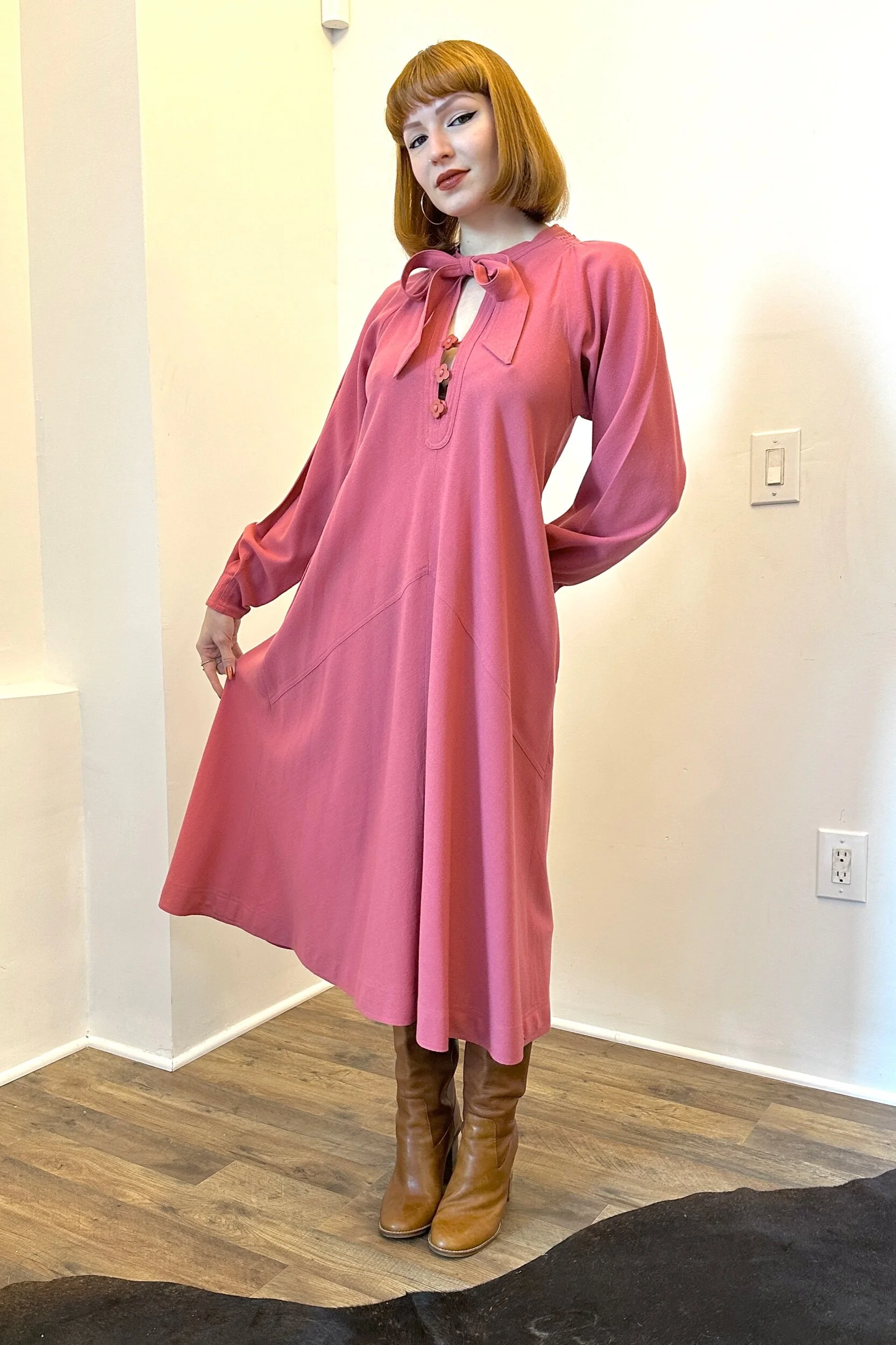 1970s Jean Muir rose pink wool crepe swing dress