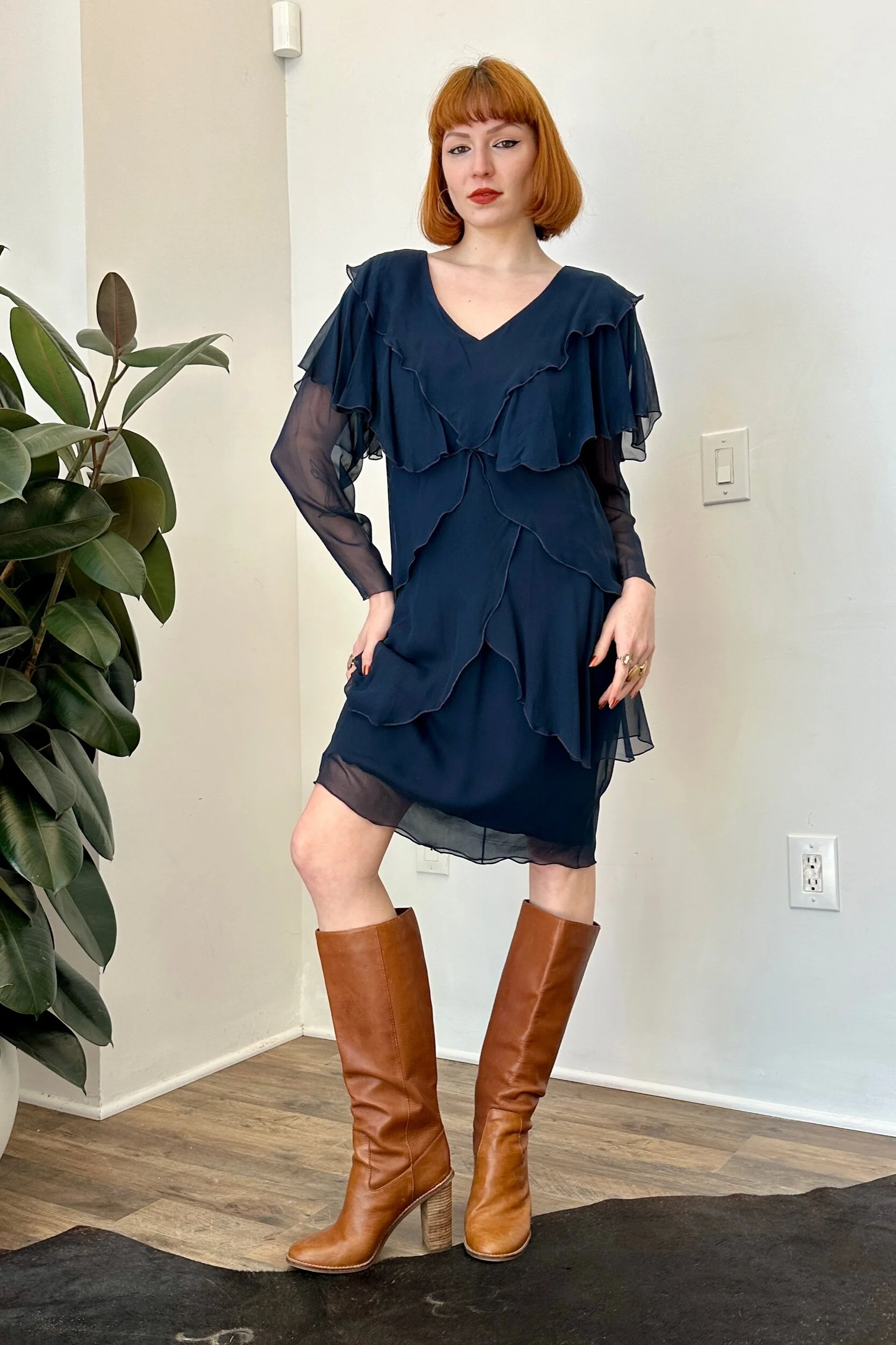 1980s holly's harp navy chiffon dress