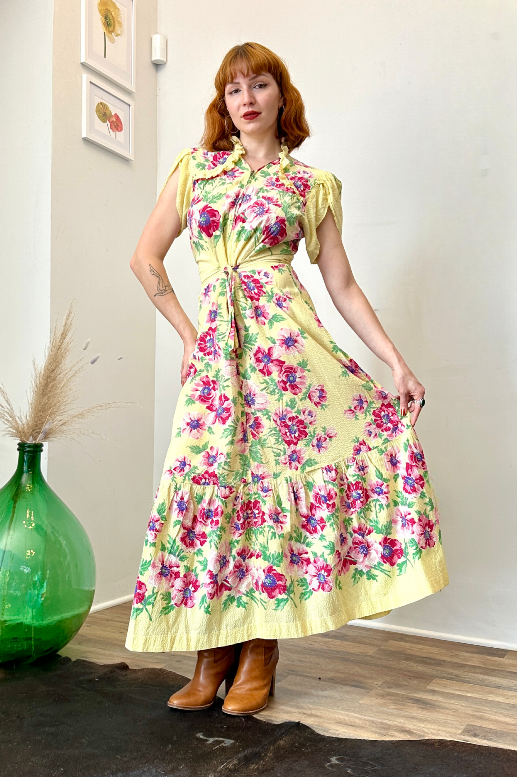 1940s Yellow Cotton Floral Maxi DressM/L  La Poubelle Vintage