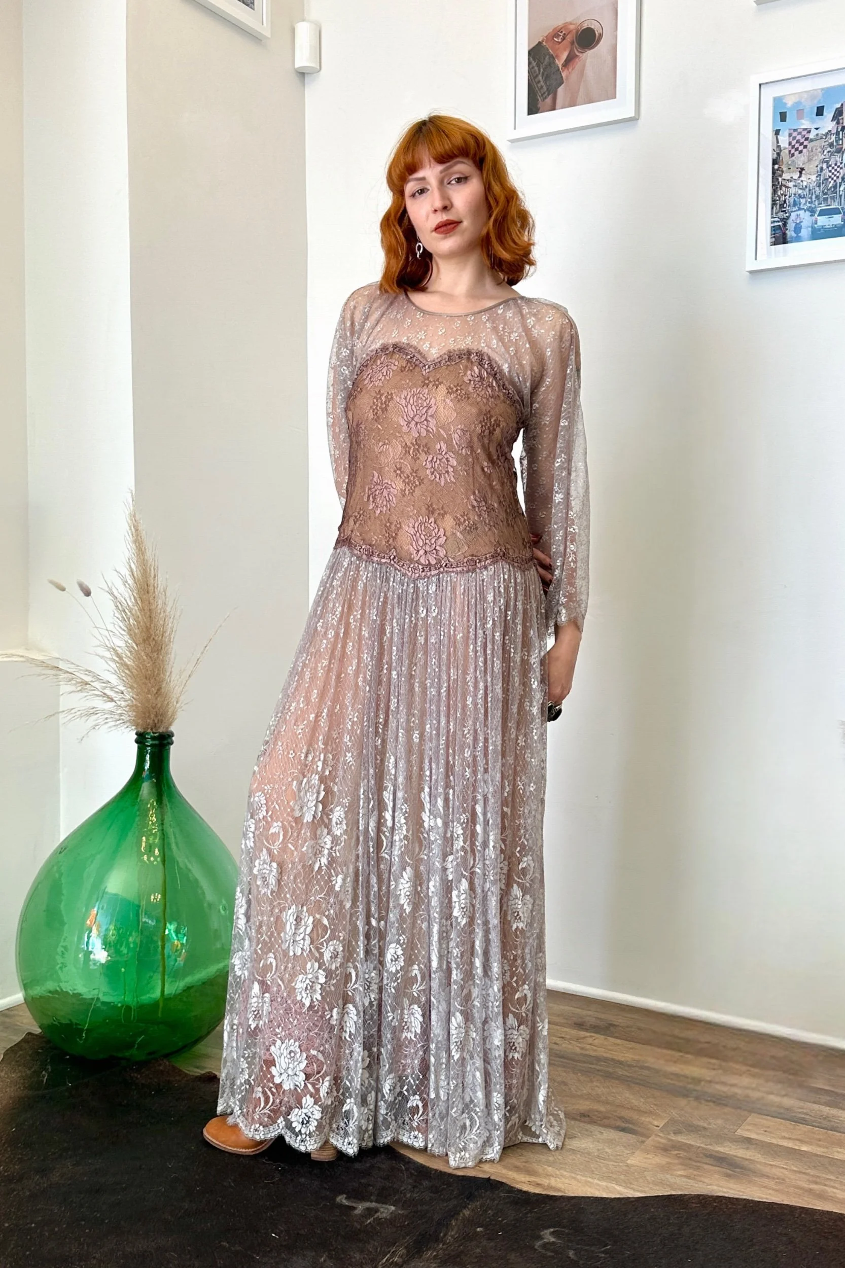 80s Gray Mauve Lace Maxi Dress-medium  La Poubelle Vintage
