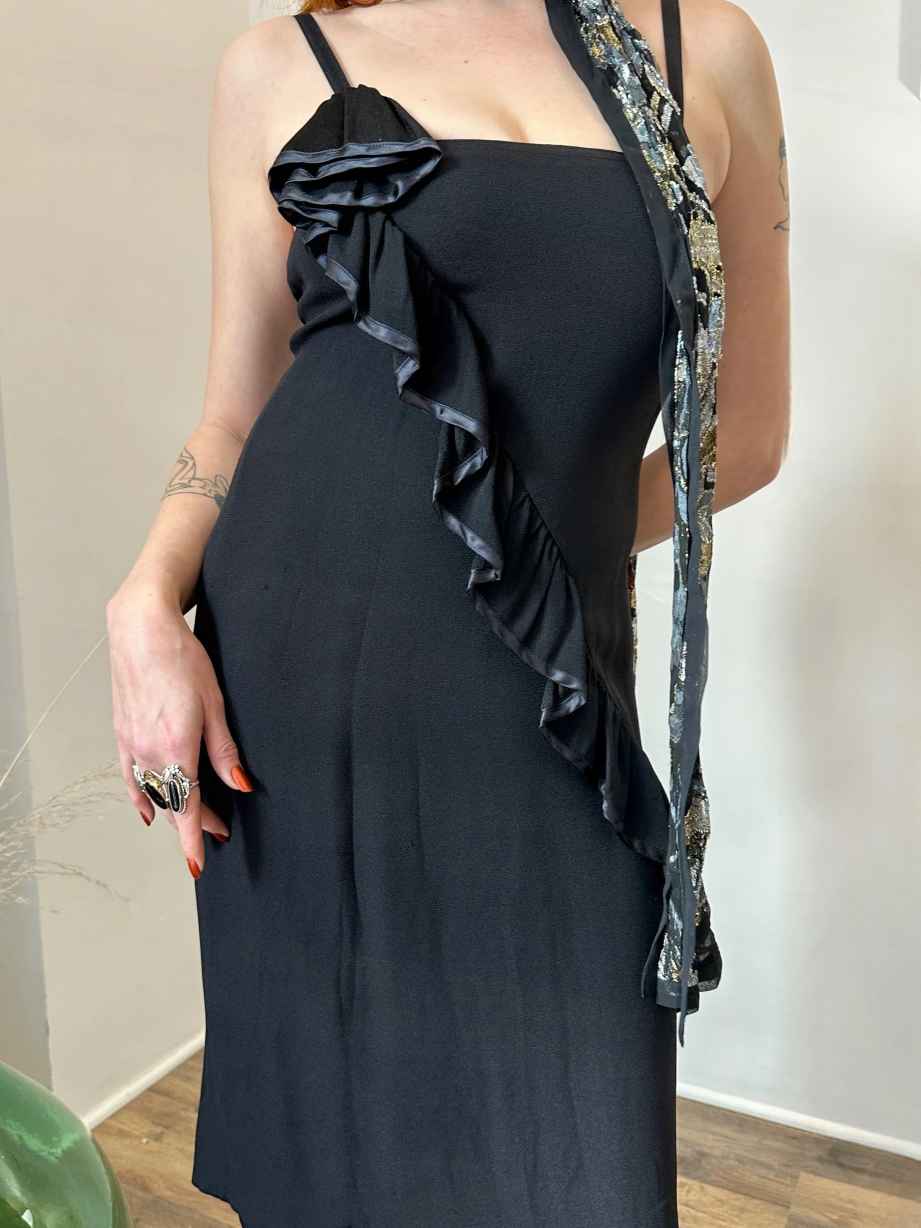 80s Sonia Rykiel Black Ruffled Slipdress-XS/S — La Poubelle Vintage