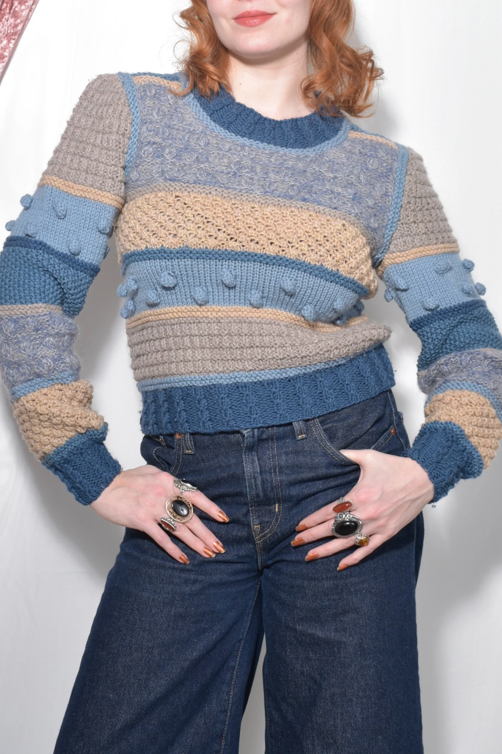 vintage 1980s chunky mixed knit textured striped blue tan sweater