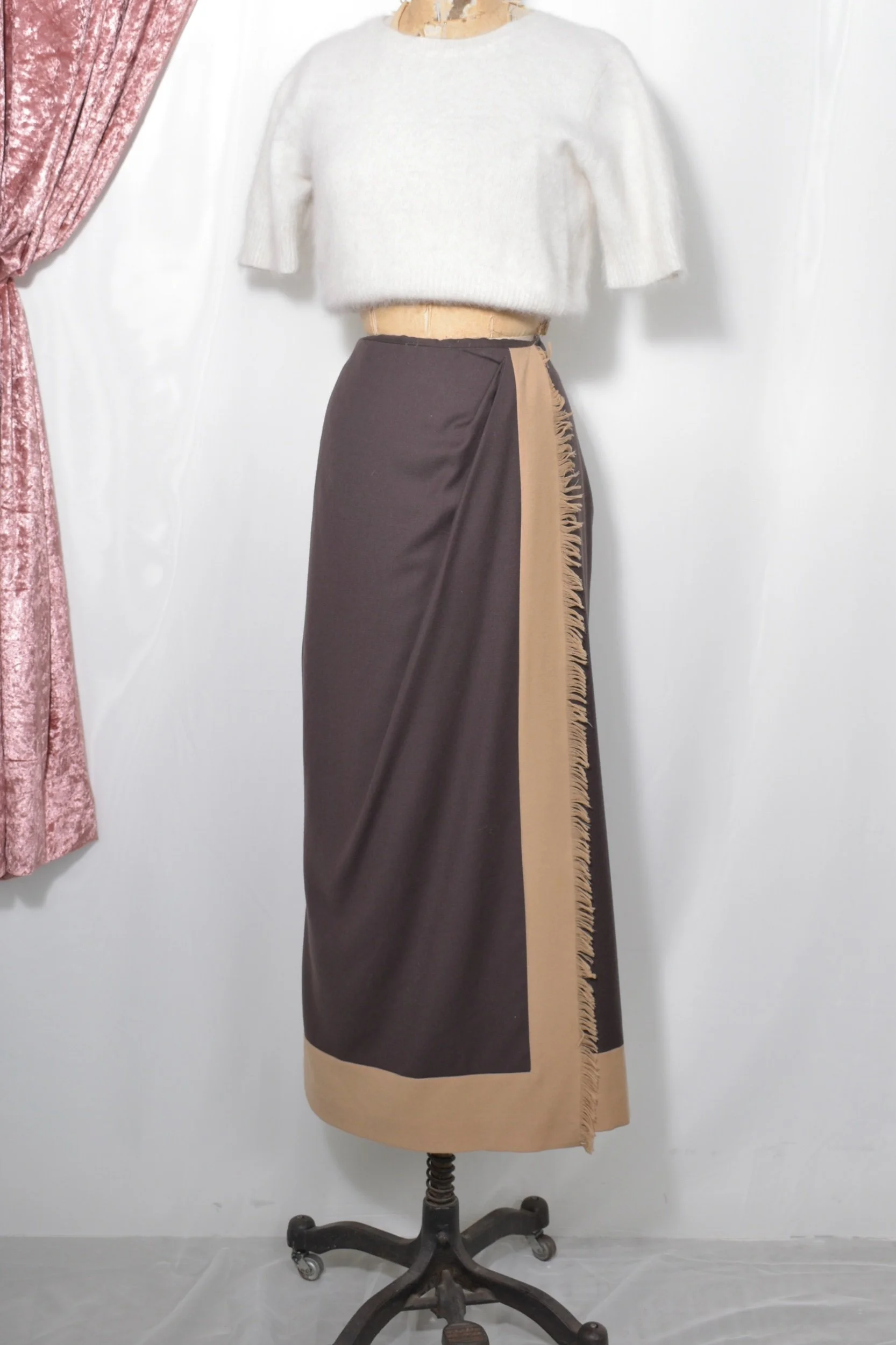 1990s chocolate brown wool wrap midi skirt with tan fringe trim